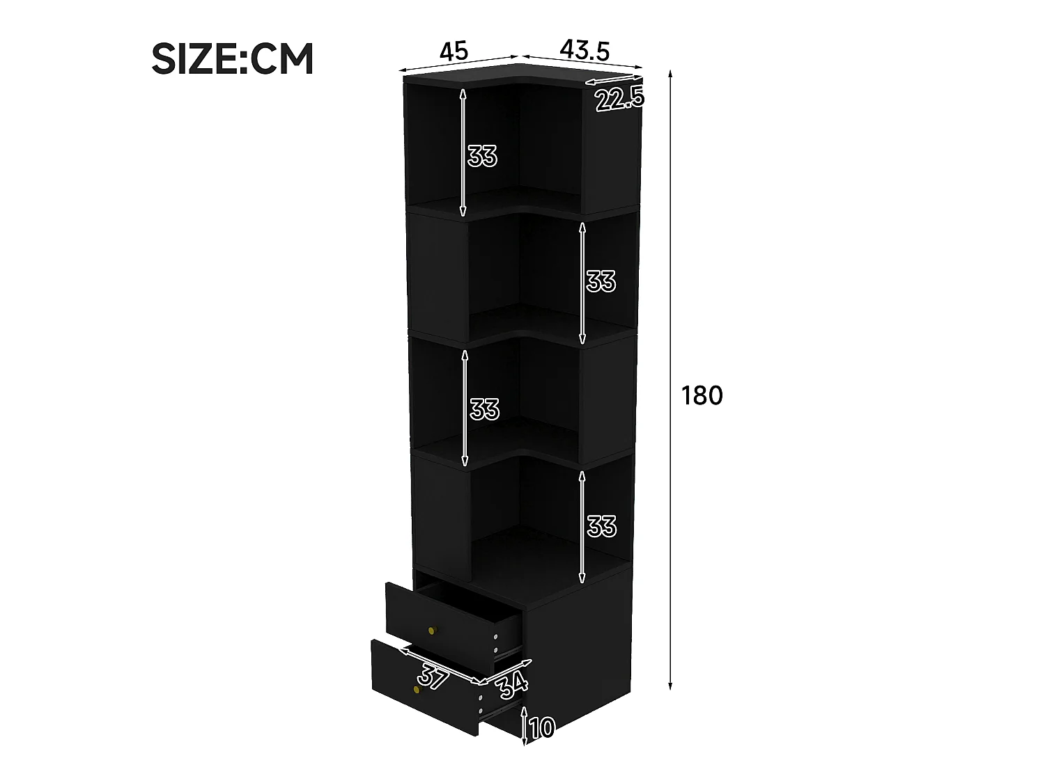L-förmiges Eckregal 45 x 43,5 x 180 cm - mit LED-Beleuchtung - 2 Schubladen und 4 Ablageebenen - MDF - schwarz