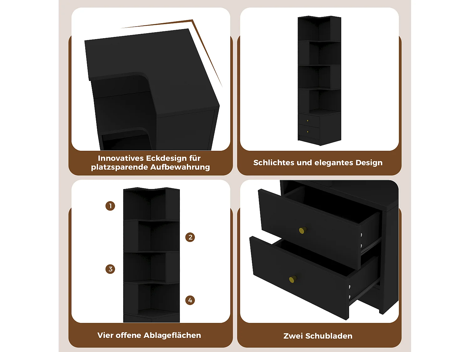 L-förmiges Eckregal 45 x 43,5 x 180 cm - mit LED-Beleuchtung - 2 Schubladen und 4 Ablageebenen - MDF - schwarz
