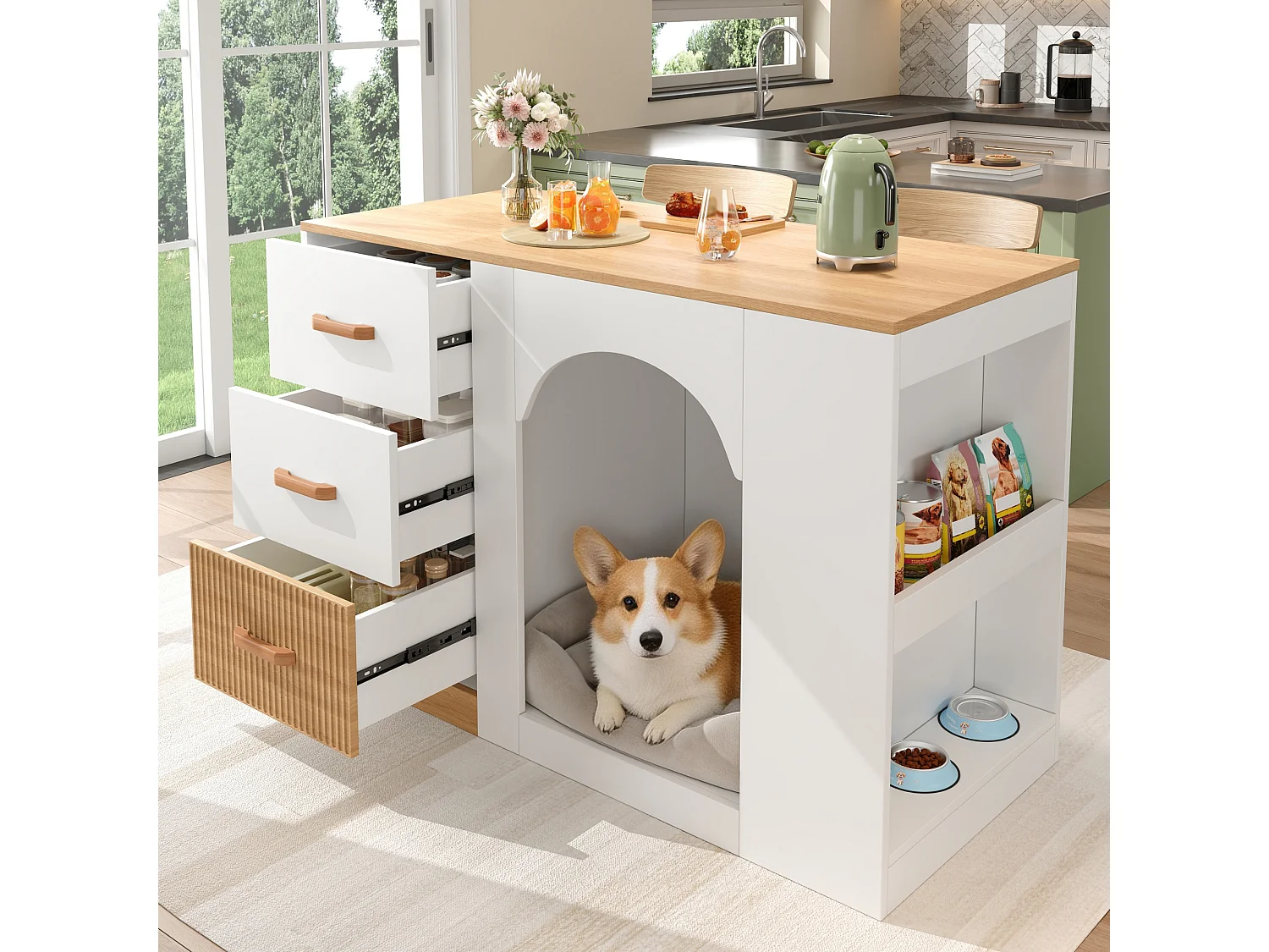 Îlot de cuisine 120x60x90 cm - 3 tiroirs et rangements latéraux - Avec espace pour animal - Blanc et naturel