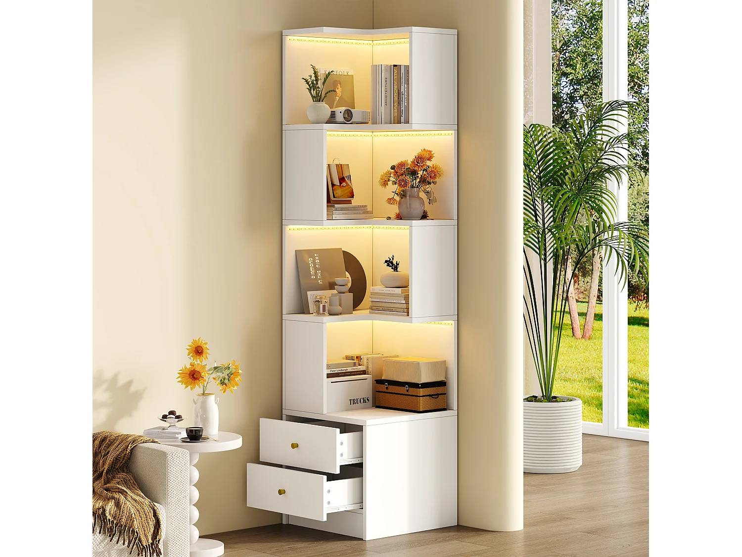 L-förmiges Eckregal 45 x 43,5 x 180 cm - mit LED-Beleuchtung - 2 Schubladen und 4 Ablageebenen - MDF - weiß