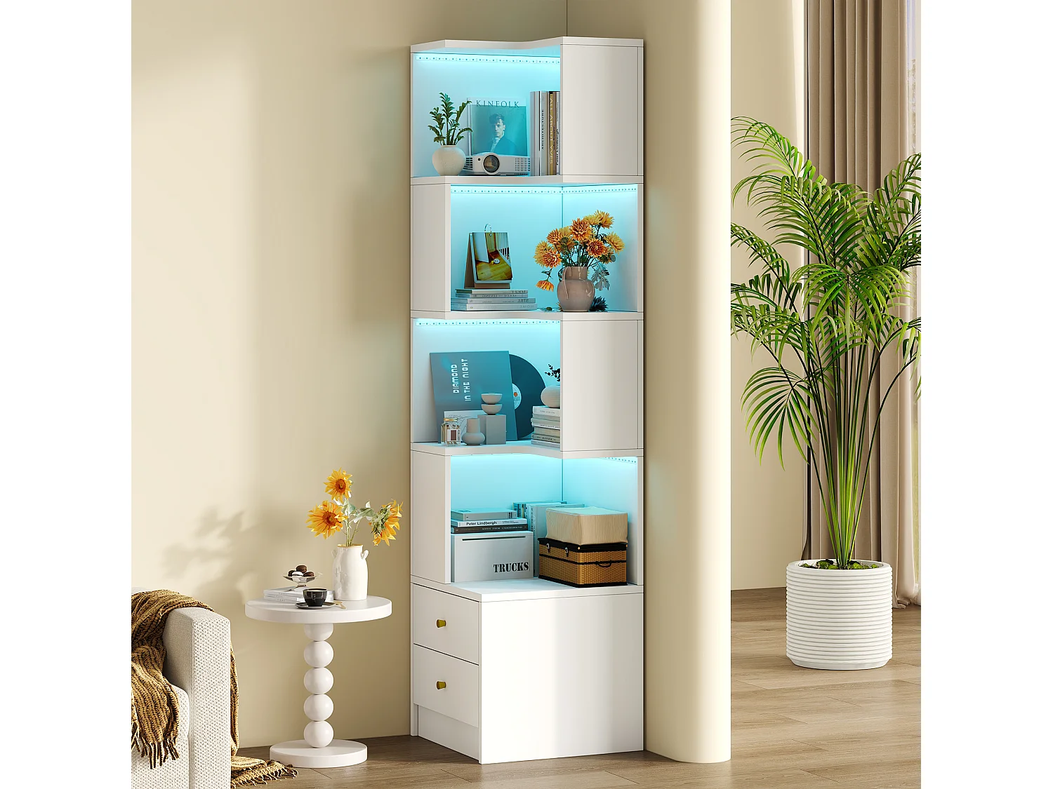 L-förmiges Eckregal 45 x 43,5 x 180 cm - mit LED-Beleuchtung - 2 Schubladen und 4 Ablageebenen - MDF - weiß