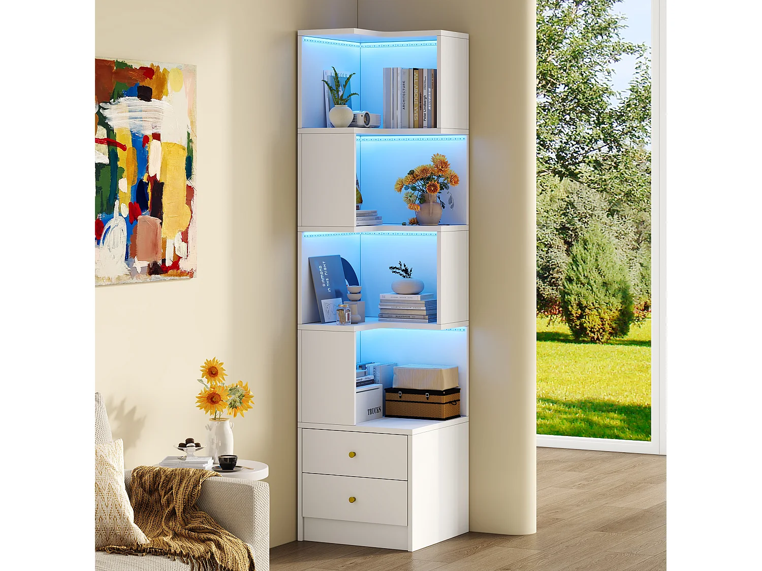 L-förmiges Eckregal 45 x 43,5 x 180 cm - mit LED-Beleuchtung - 2 Schubladen und 4 Ablageebenen - MDF - weiß
