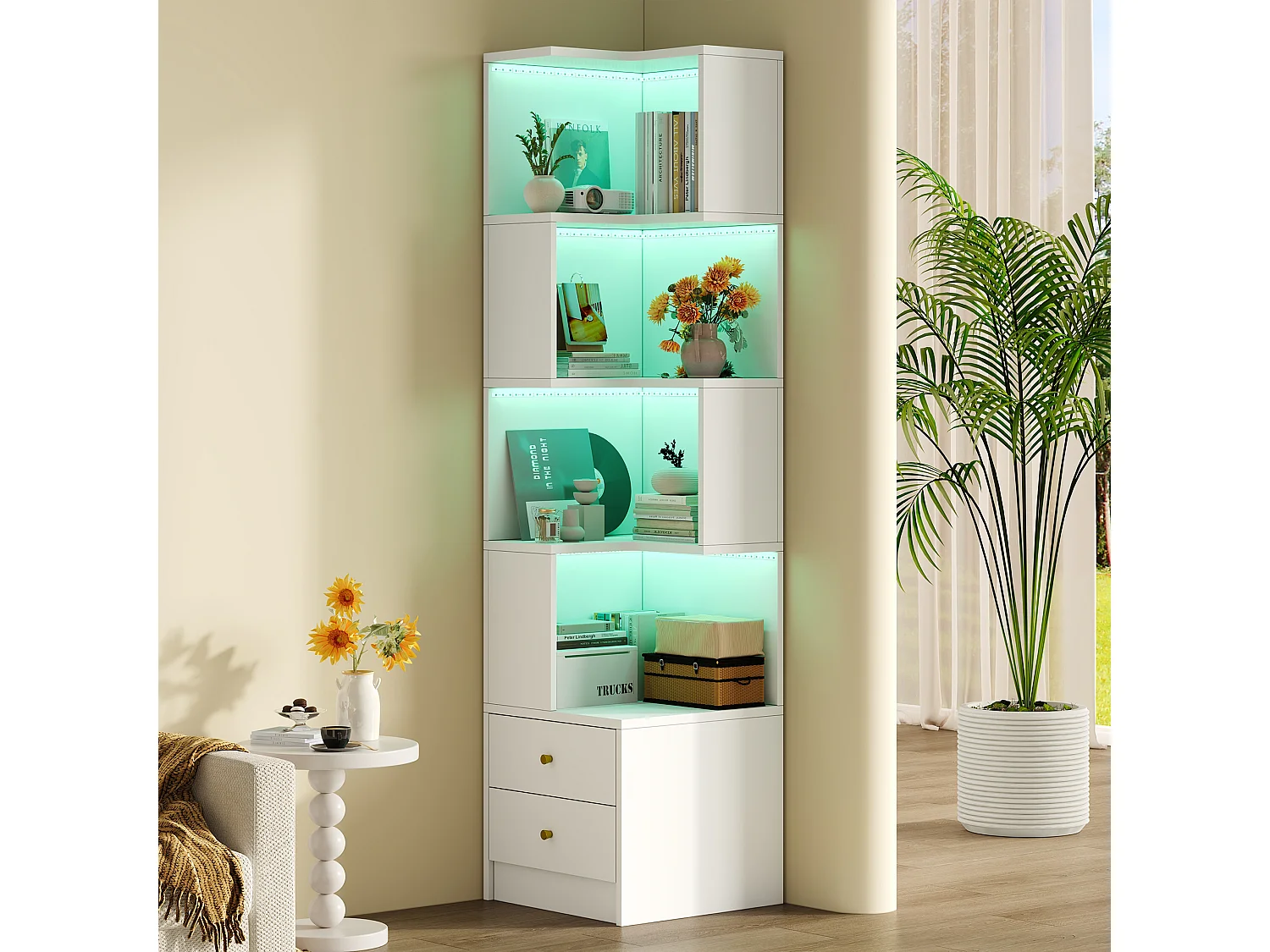 L-förmiges Eckregal 45 x 43,5 x 180 cm - mit LED-Beleuchtung - 2 Schubladen und 4 Ablageebenen - MDF - weiß