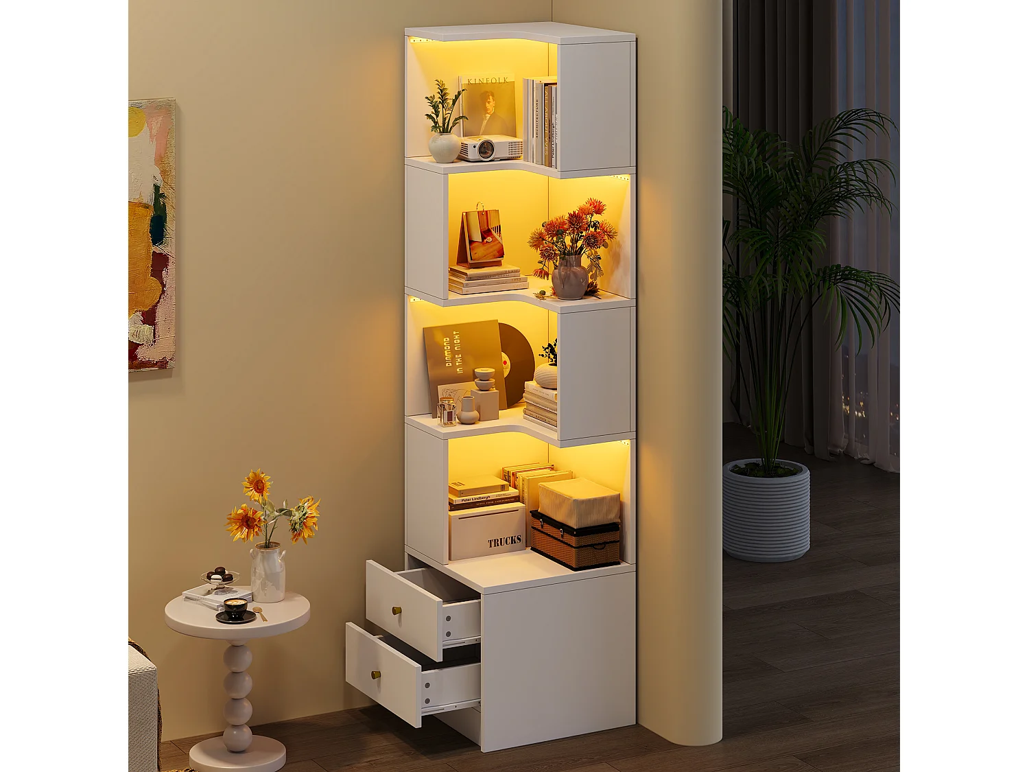 L-förmiges Eckregal 45 x 43,5 x 180 cm - mit LED-Beleuchtung - 2 Schubladen und 4 Ablageebenen - MDF - weiß