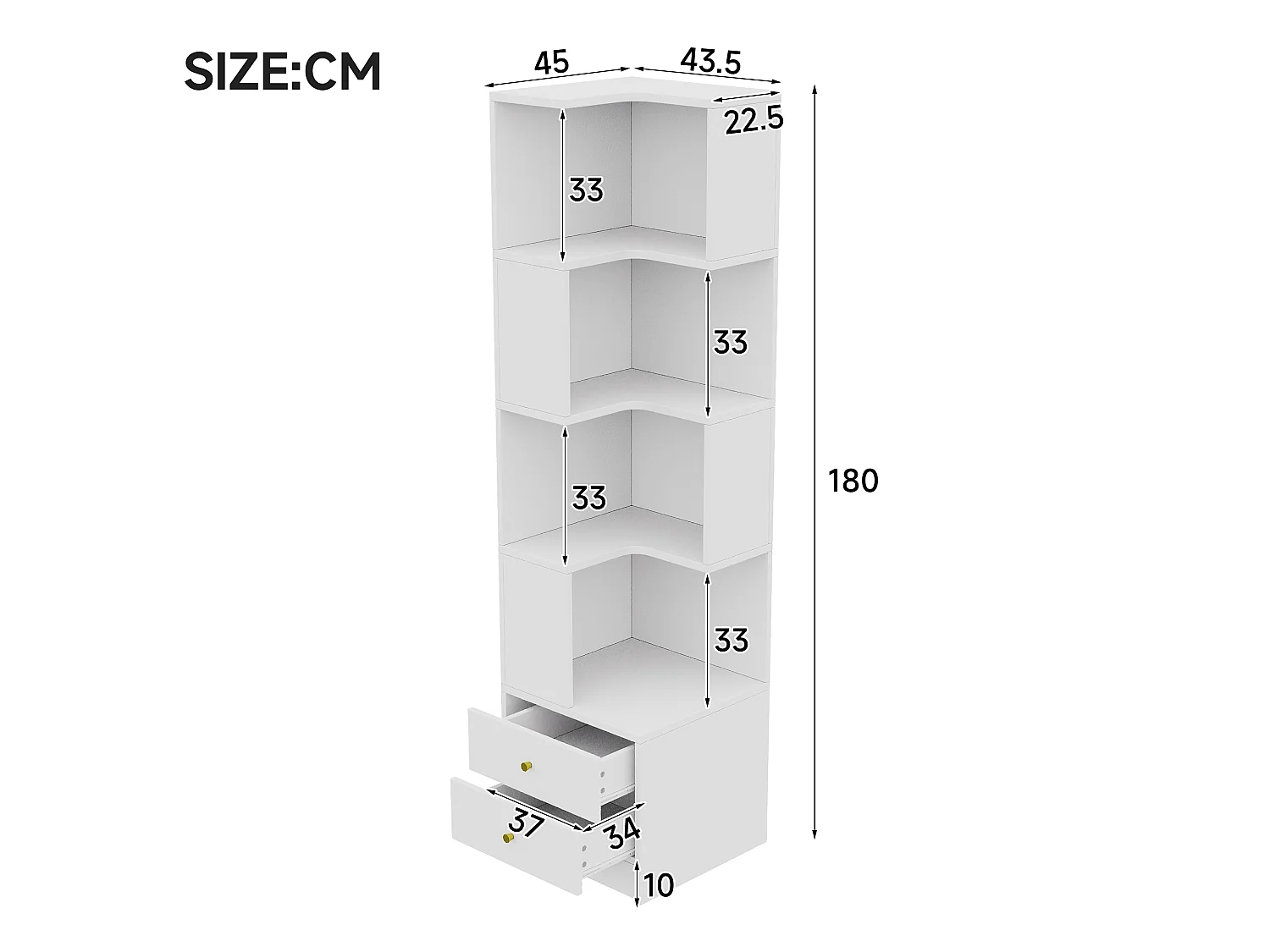 L-förmiges Eckregal 45 x 43,5 x 180 cm - mit LED-Beleuchtung - 2 Schubladen und 4 Ablageebenen - MDF - weiß
