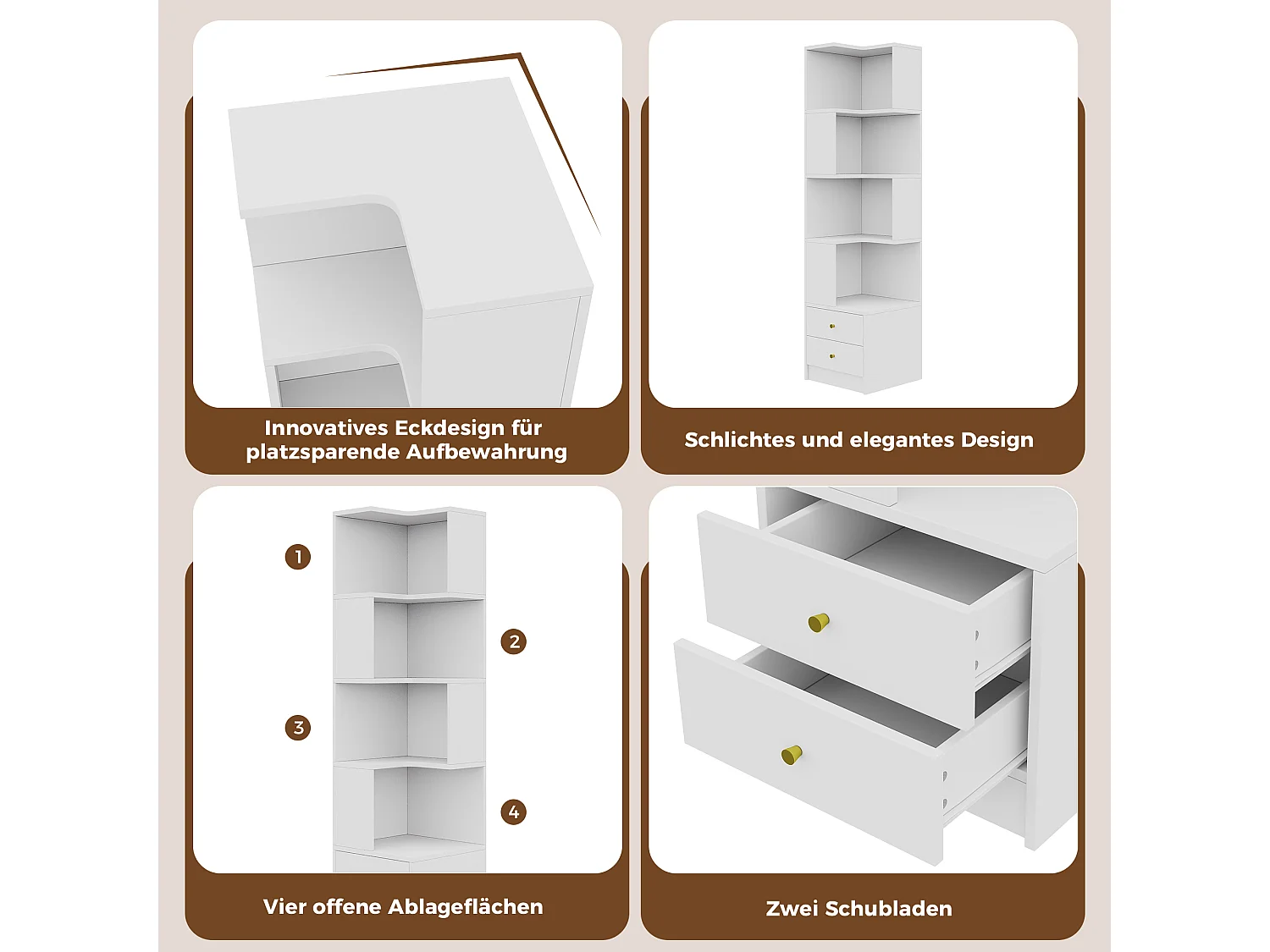 L-förmiges Eckregal 45 x 43,5 x 180 cm - mit LED-Beleuchtung - 2 Schubladen und 4 Ablageebenen - MDF - weiß