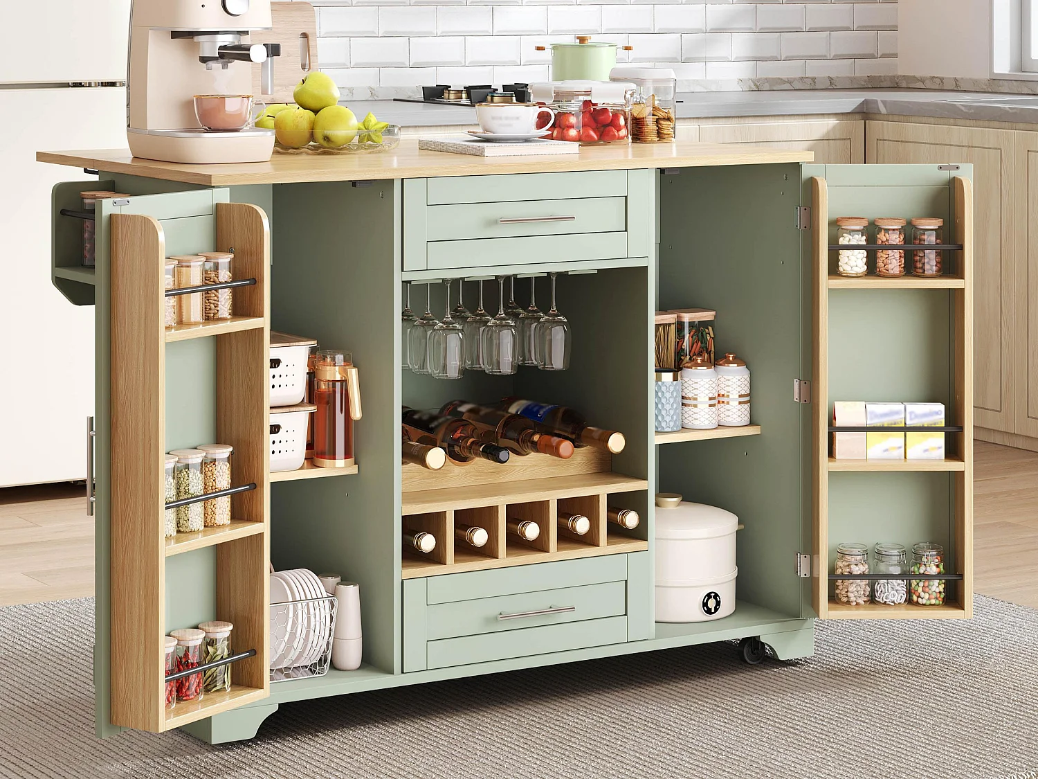 Îlot central de cuisine - table à manger pliable - avec 2 portes et 2 tiroirs - avec roulettes - avec casier à bouteilles et porte-condiments - Vert
