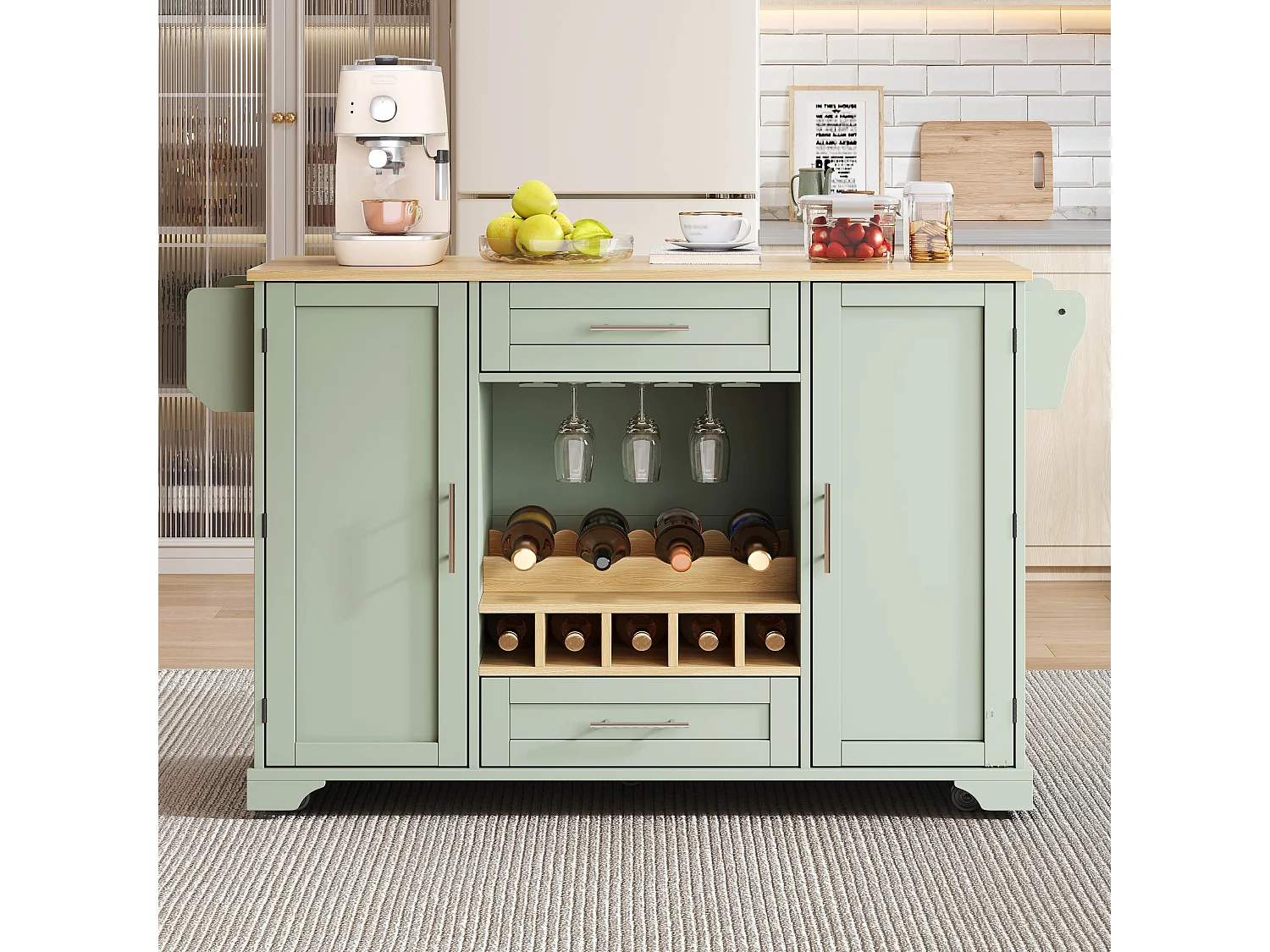 Îlot central de cuisine - table à manger pliable - avec 2 portes et 2 tiroirs - avec roulettes - avec casier à bouteilles et porte-condiments - Vert