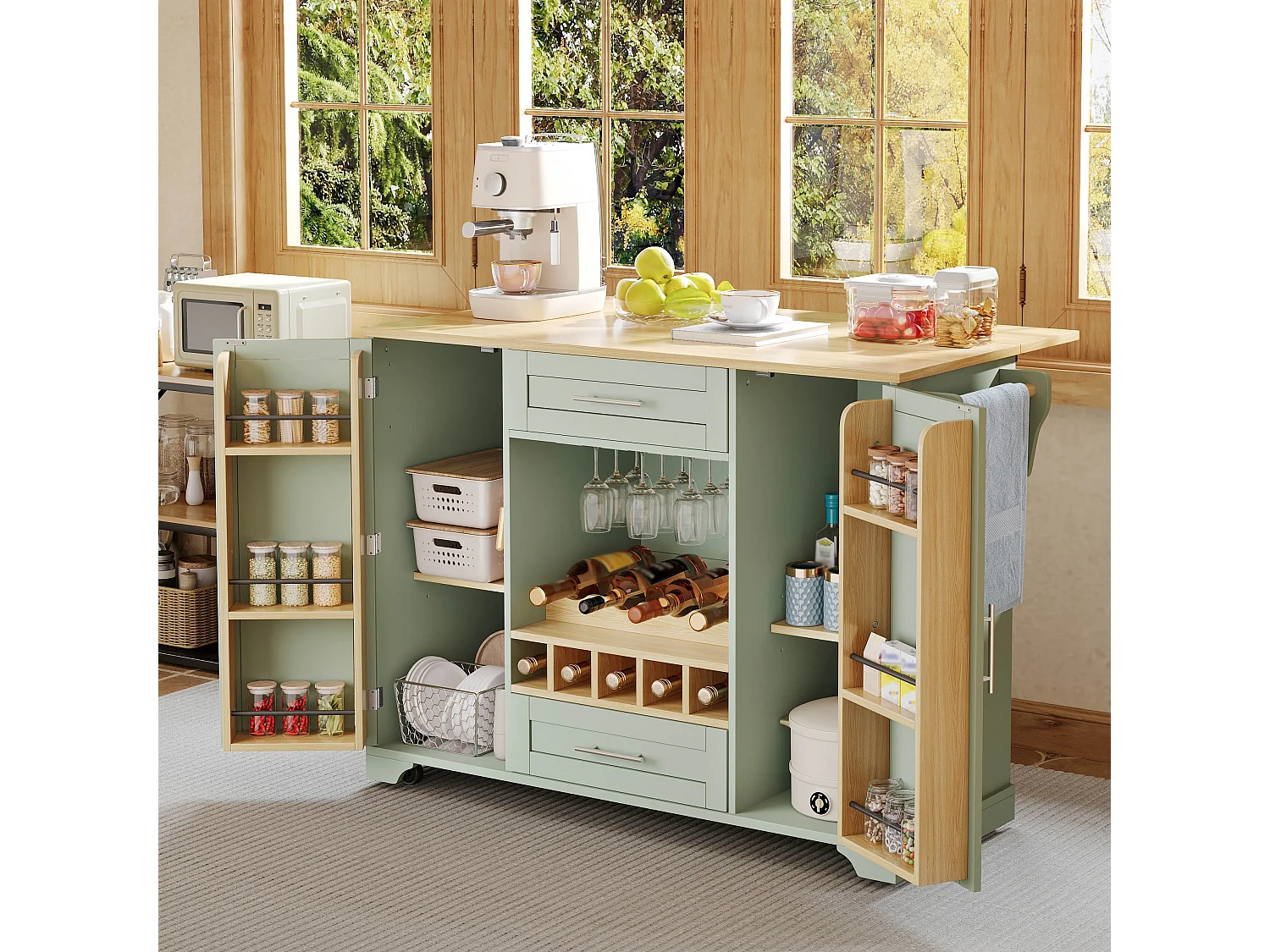 Îlot central de cuisine - table à manger pliable - avec 2 portes et 2 tiroirs - avec roulettes - avec casier à bouteilles et porte-condiments - Vert