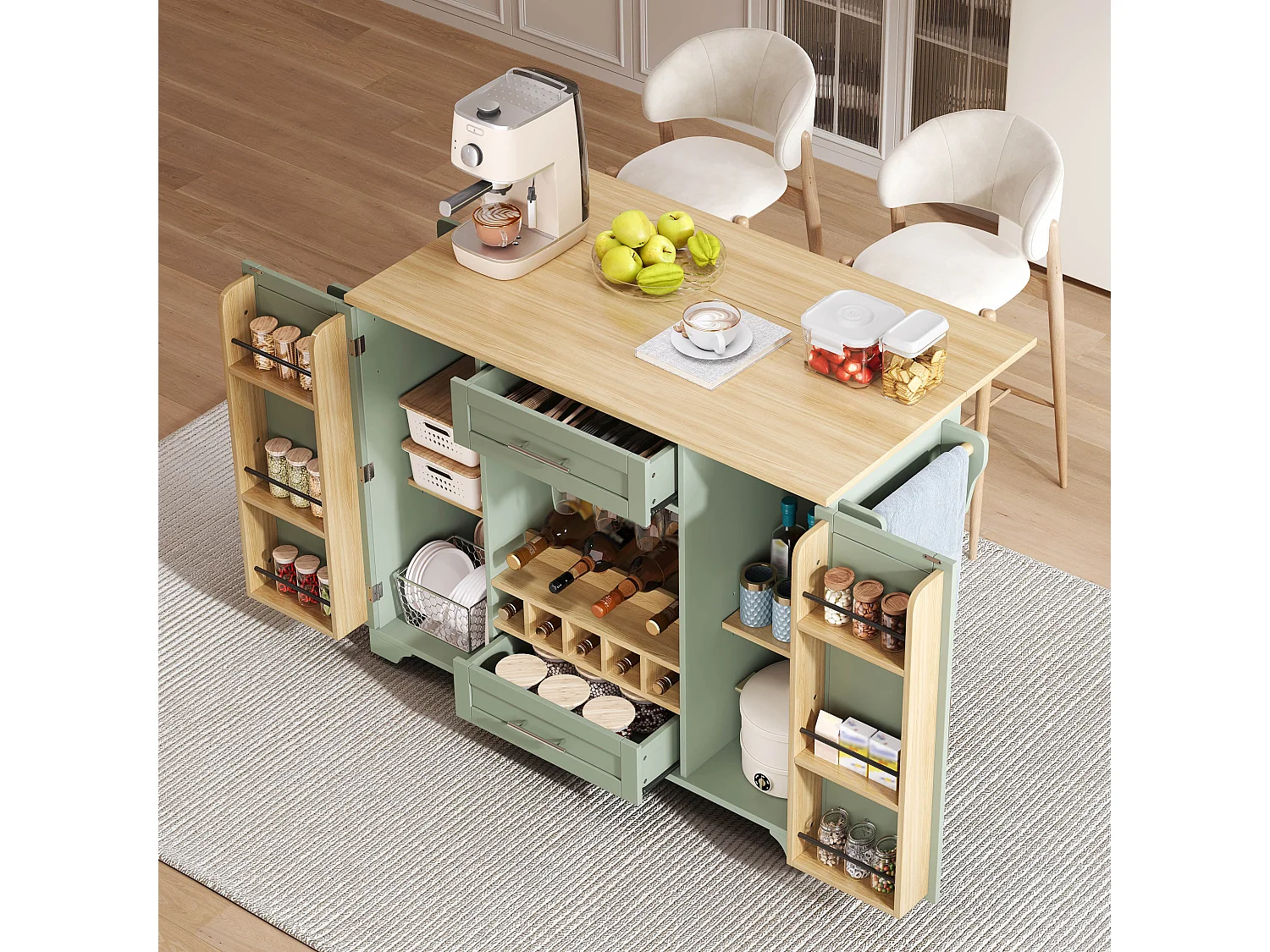 Îlot central de cuisine - table à manger pliable - avec 2 portes et 2 tiroirs - avec roulettes - avec casier à bouteilles et porte-condiments - Vert