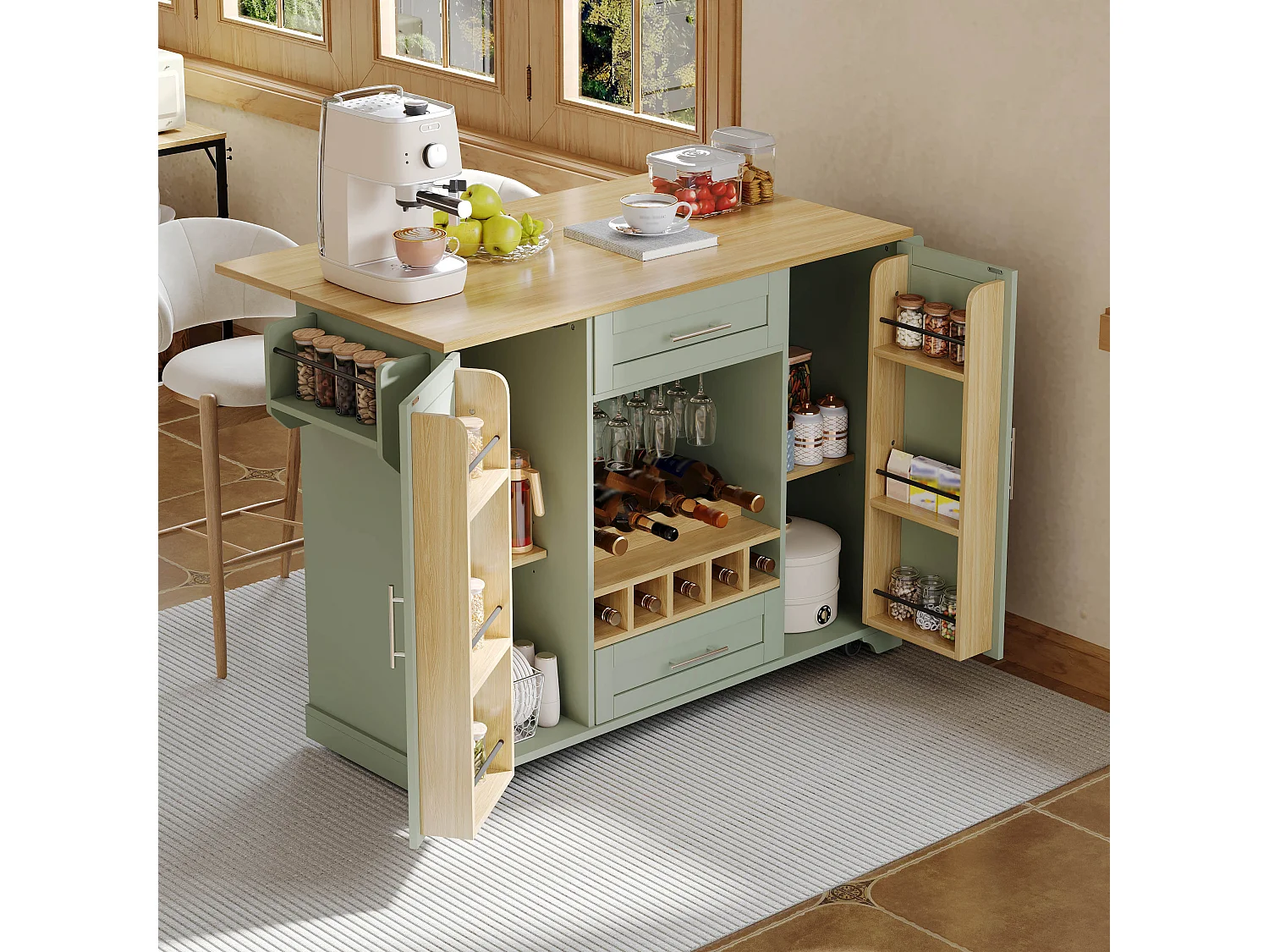 Îlot central de cuisine - table à manger pliable - avec 2 portes et 2 tiroirs - avec roulettes - avec casier à bouteilles et porte-condiments - Vert