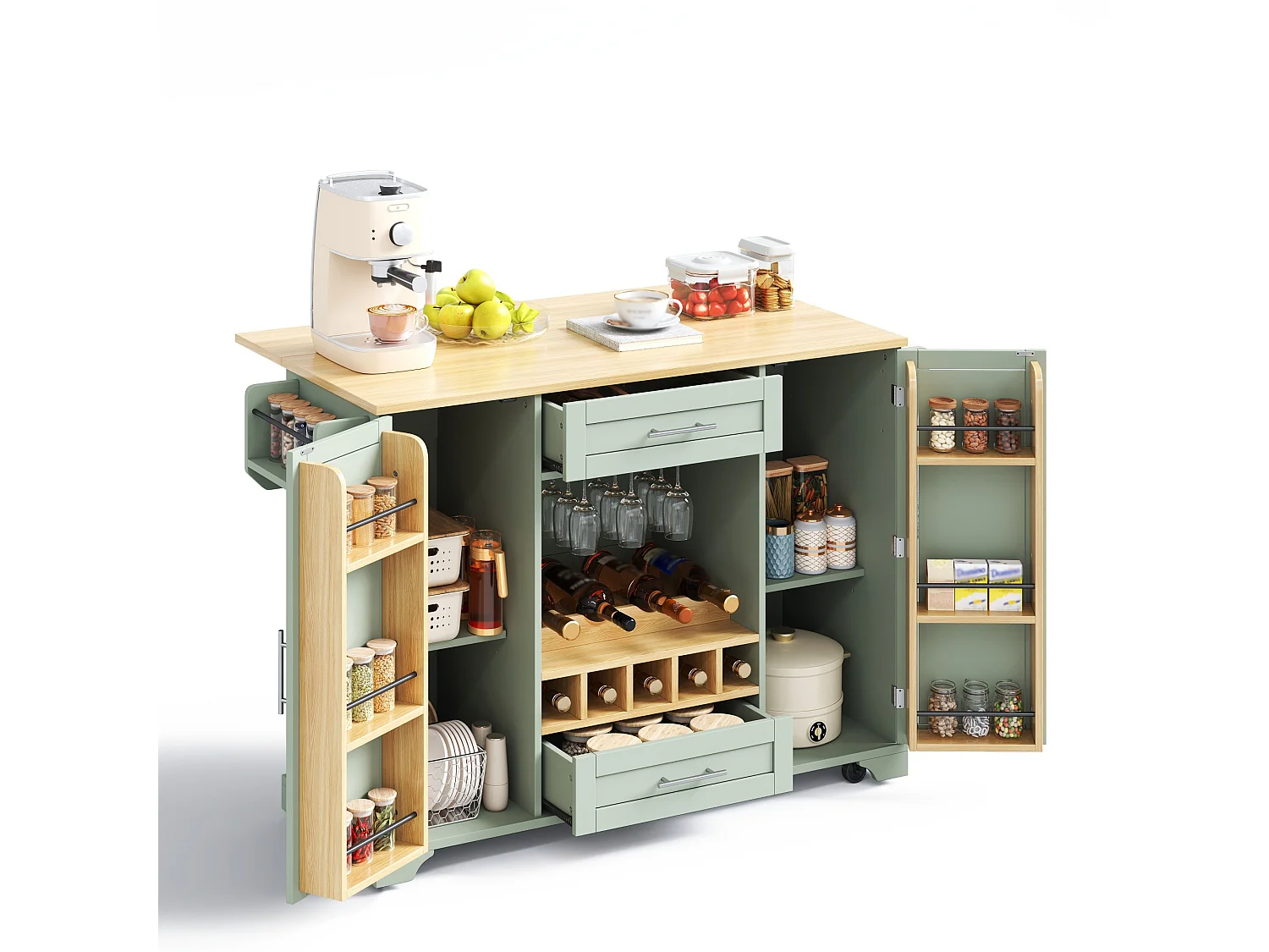 Îlot central de cuisine - table à manger pliable - avec 2 portes et 2 tiroirs - avec roulettes - avec casier à bouteilles et porte-condiments - Vert