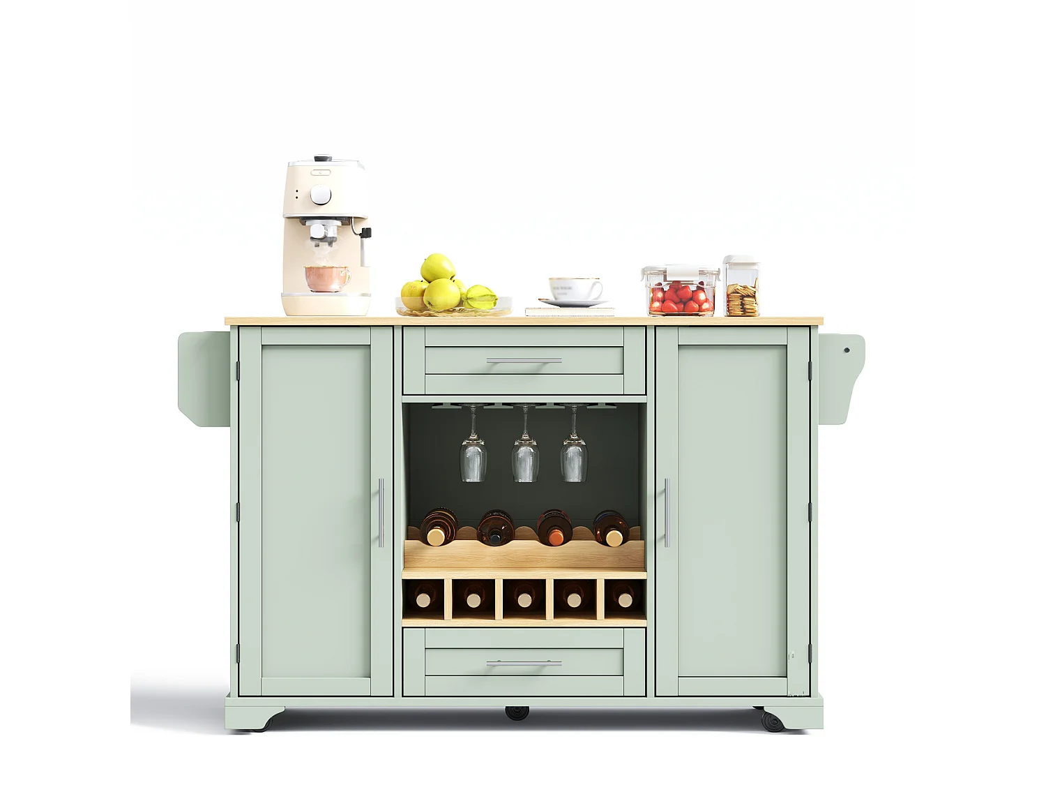 Îlot central de cuisine - table à manger pliable - avec 2 portes et 2 tiroirs - avec roulettes - avec casier à bouteilles et porte-condiments - Vert