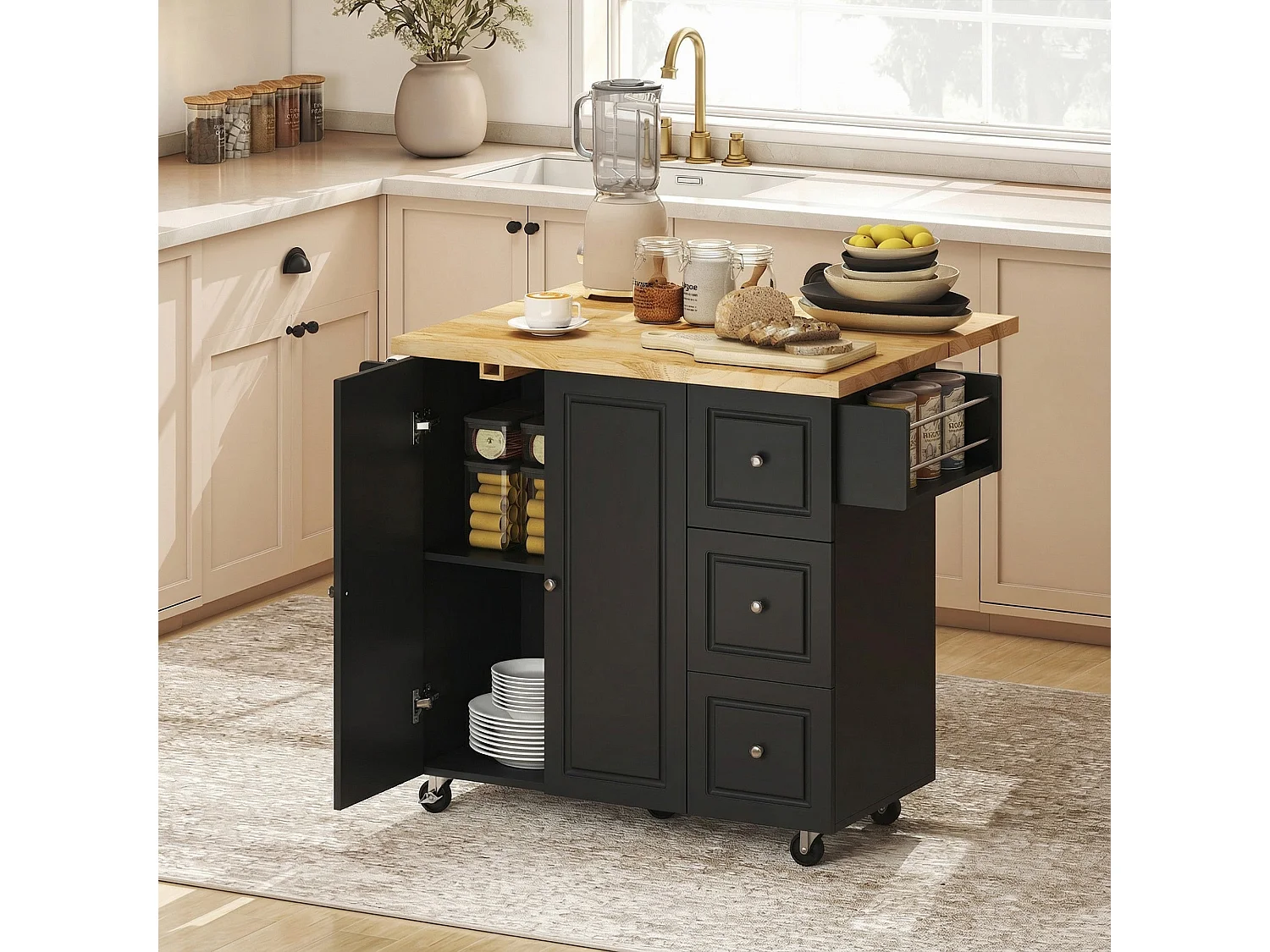 Rolelo Black Rolling Kitchen Island with Drop Leaf Drawers Towel and Spice Racks