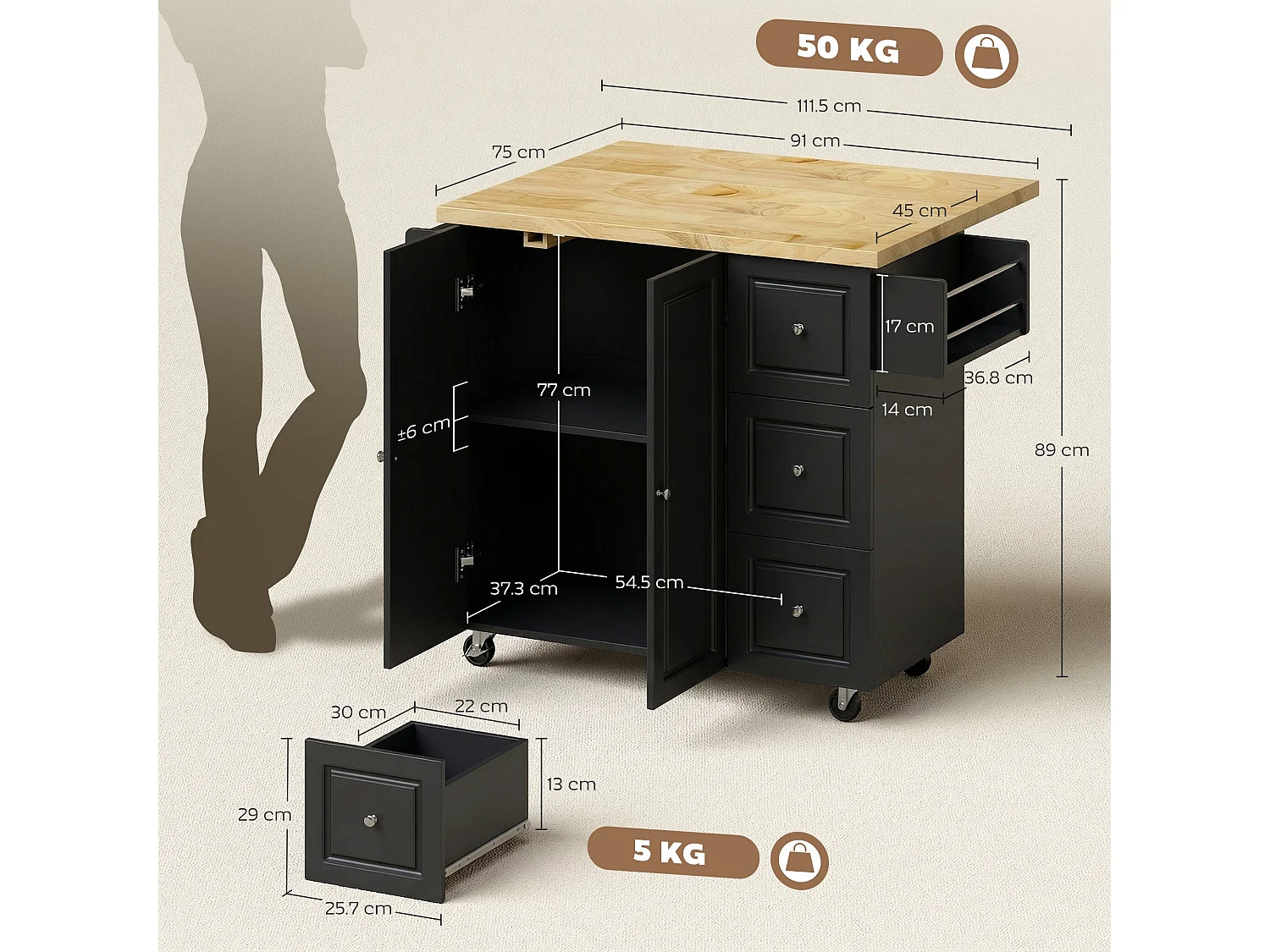 Rolelo Black Rolling Kitchen Island with Drop Leaf Drawers Towel and Spice Racks
