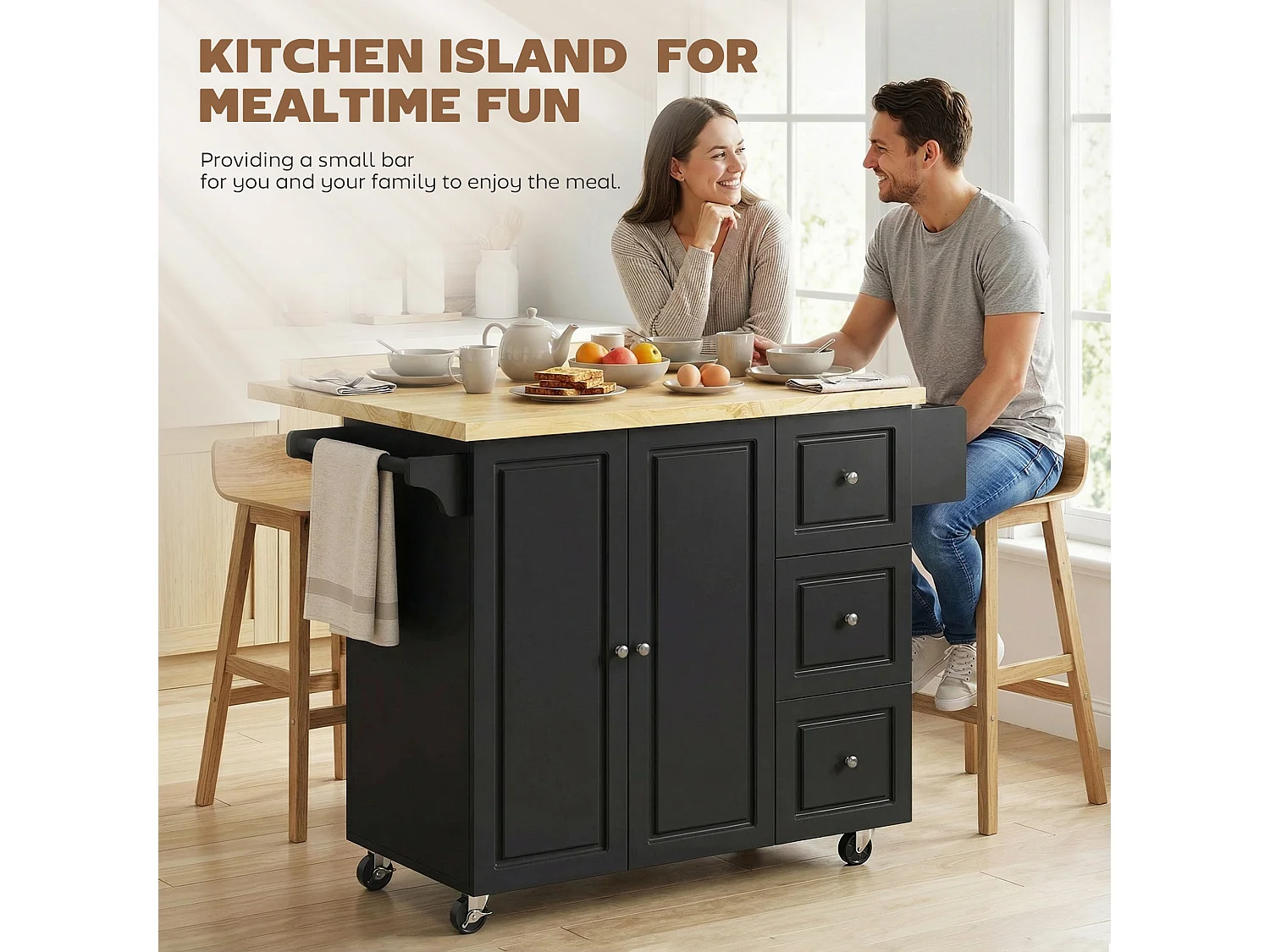 Rolelo Black Rolling Kitchen Island with Drop Leaf Drawers Towel and Spice Racks