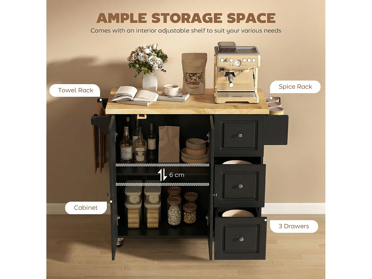 Rolelo Black Rolling Kitchen Island with Drop Leaf Drawers Towel and Spice Racks