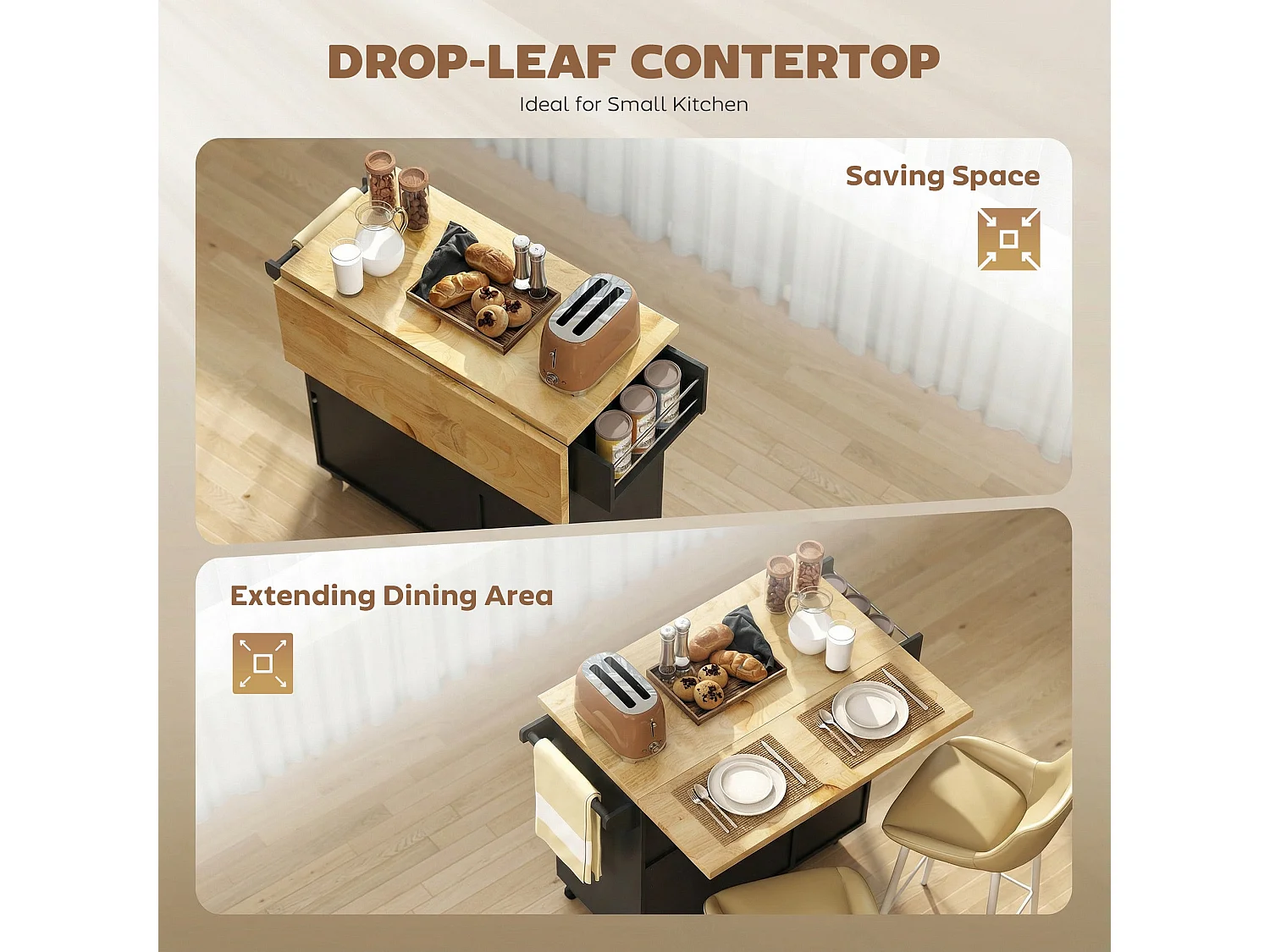 Rolelo Black Rolling Kitchen Island with Drop Leaf Drawers Towel and Spice Racks