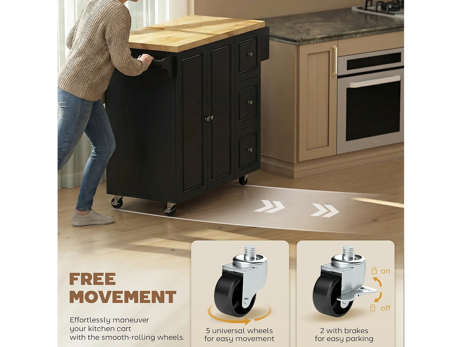 Rolelo Black Rolling Kitchen Island with Drop Leaf Drawers Towel and Spice Racks