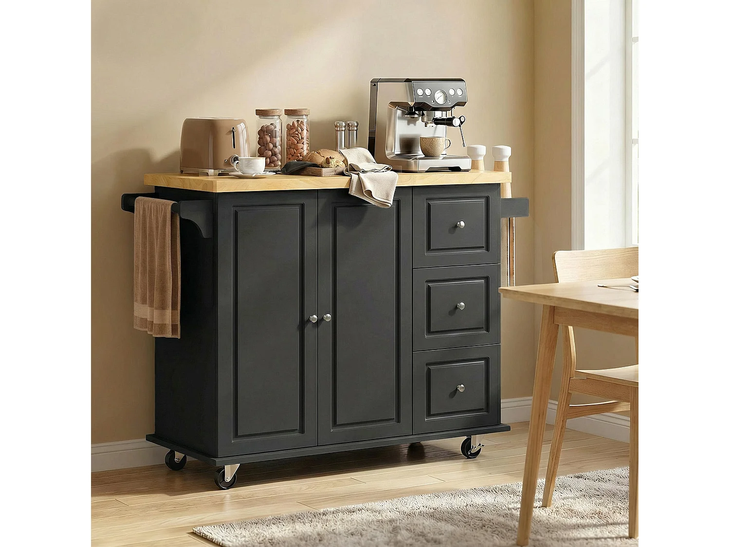 Rolelo Black Rolling Kitchen Island with Drop Leaf Drawers Towel and Spice Racks