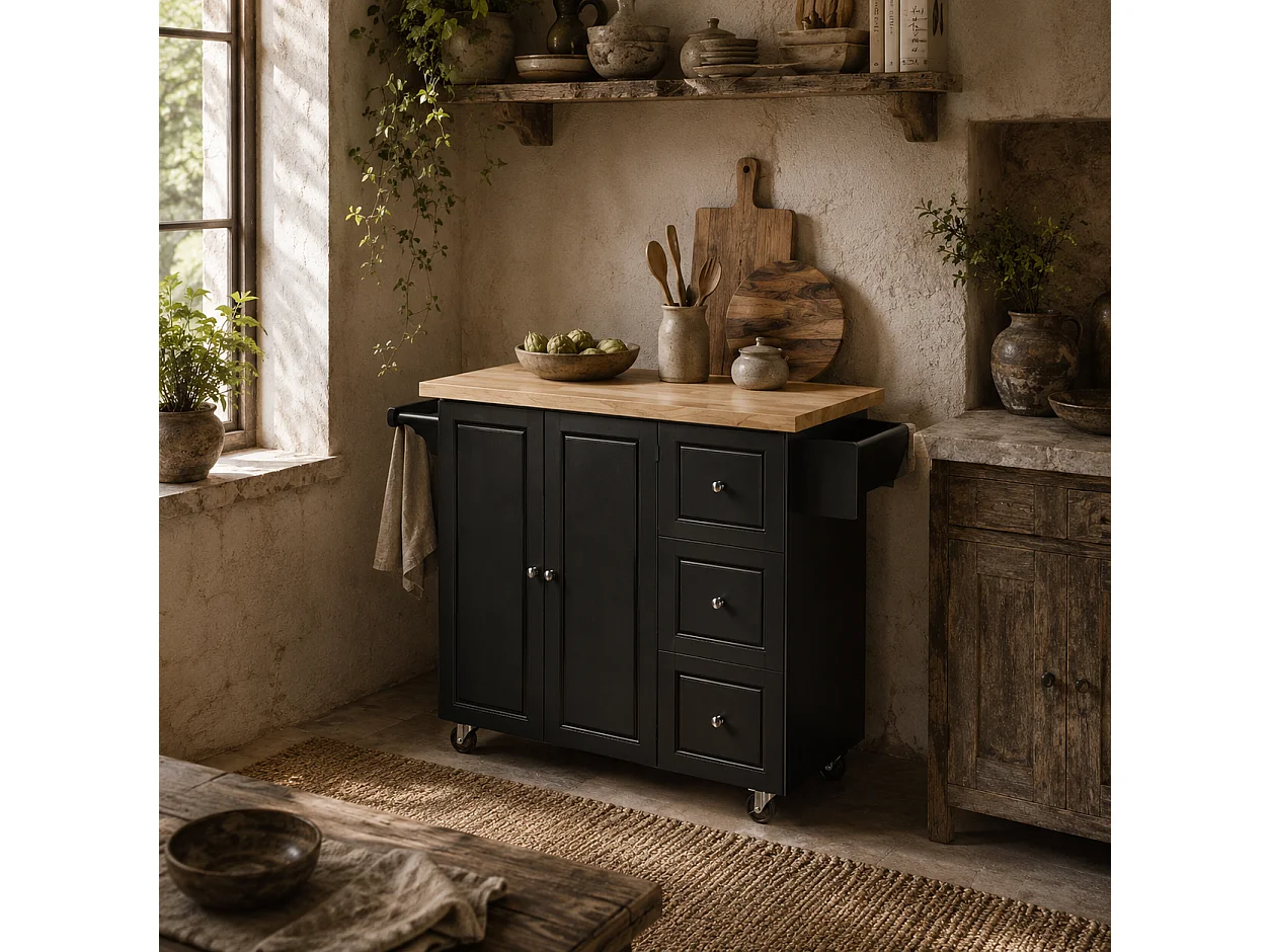 Rolelo Black Rolling Kitchen Island with Drop Leaf Drawers Towel and Spice Racks