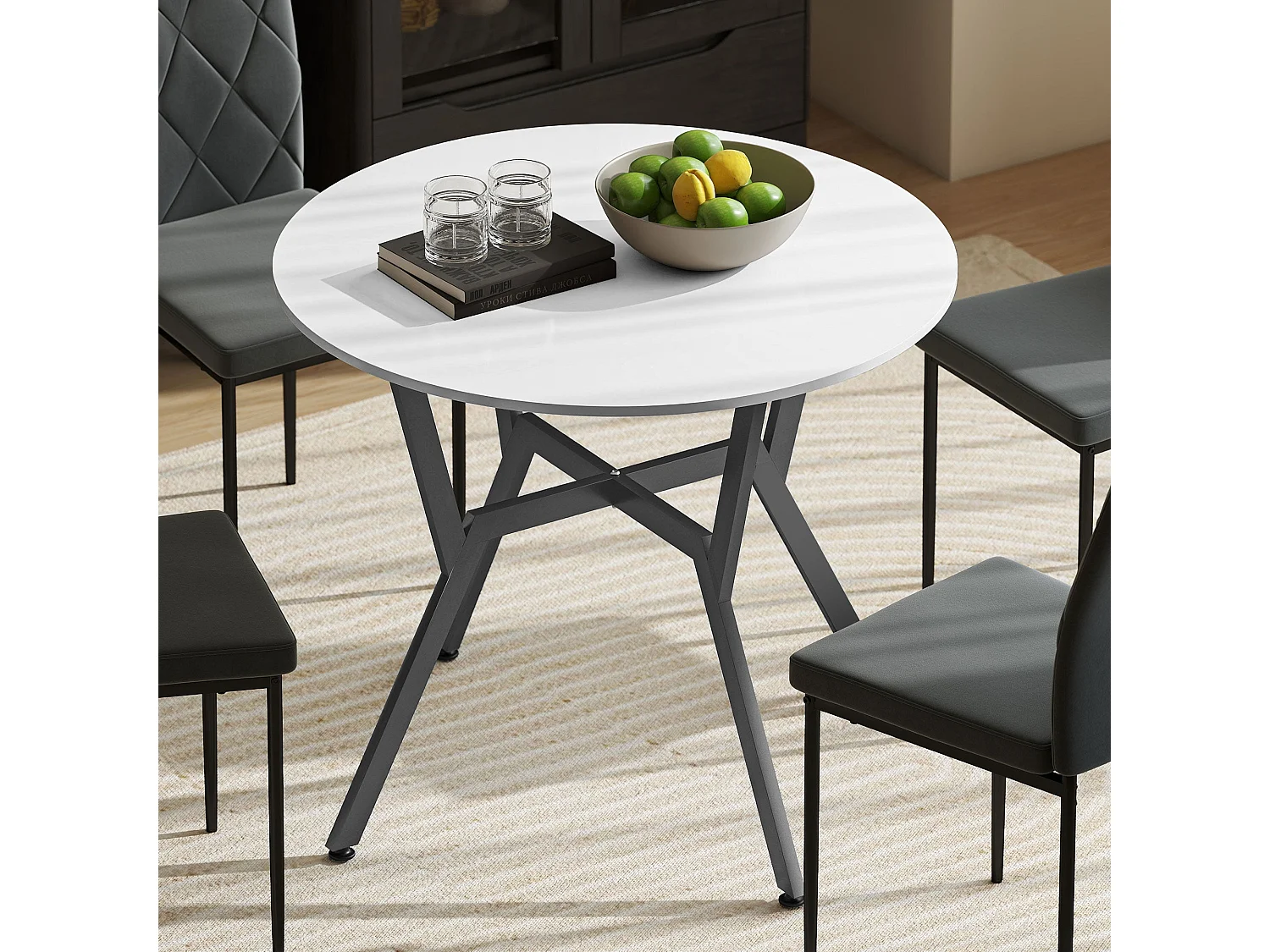 Terretti 90cm Round High Gloss White Dining Table Black Metal Legs