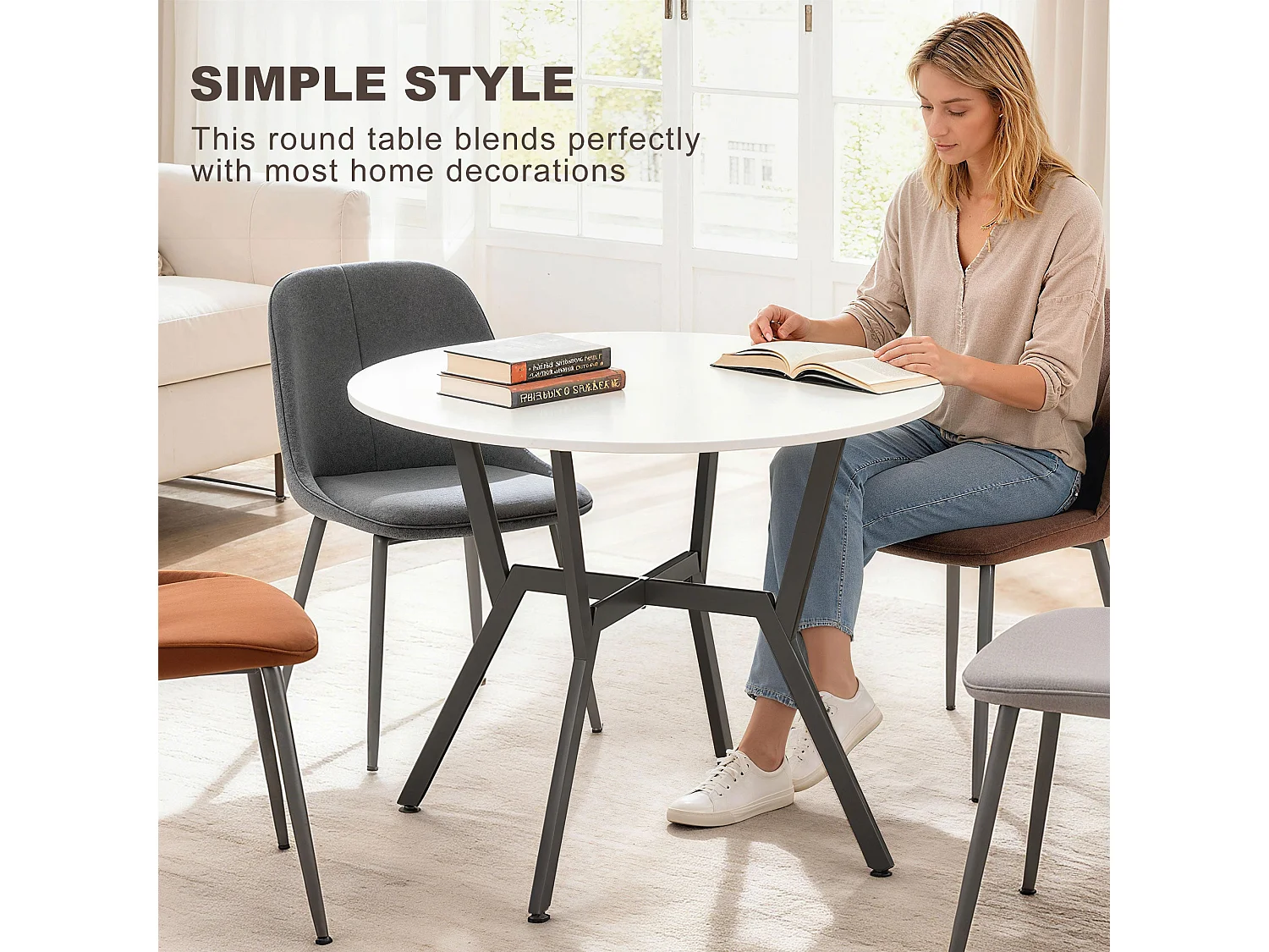 Terretti 90cm Round High Gloss White Dining Table Black Metal Legs