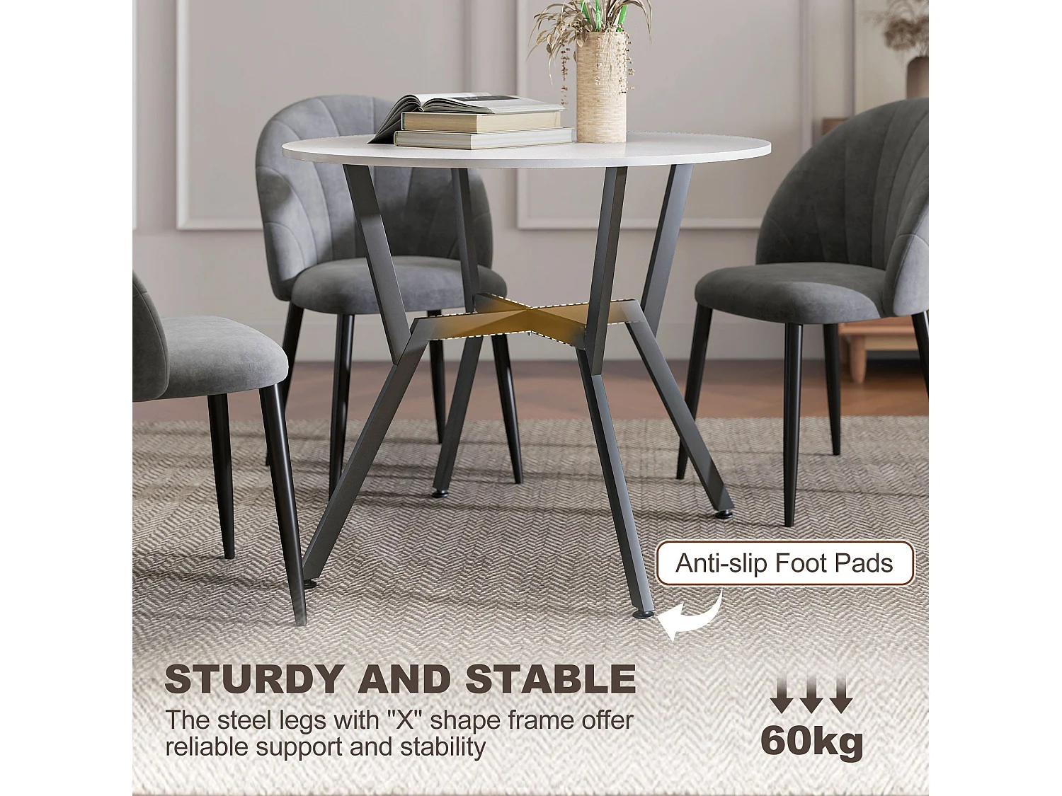Terretti 90cm Round High Gloss White Dining Table Black Metal Legs