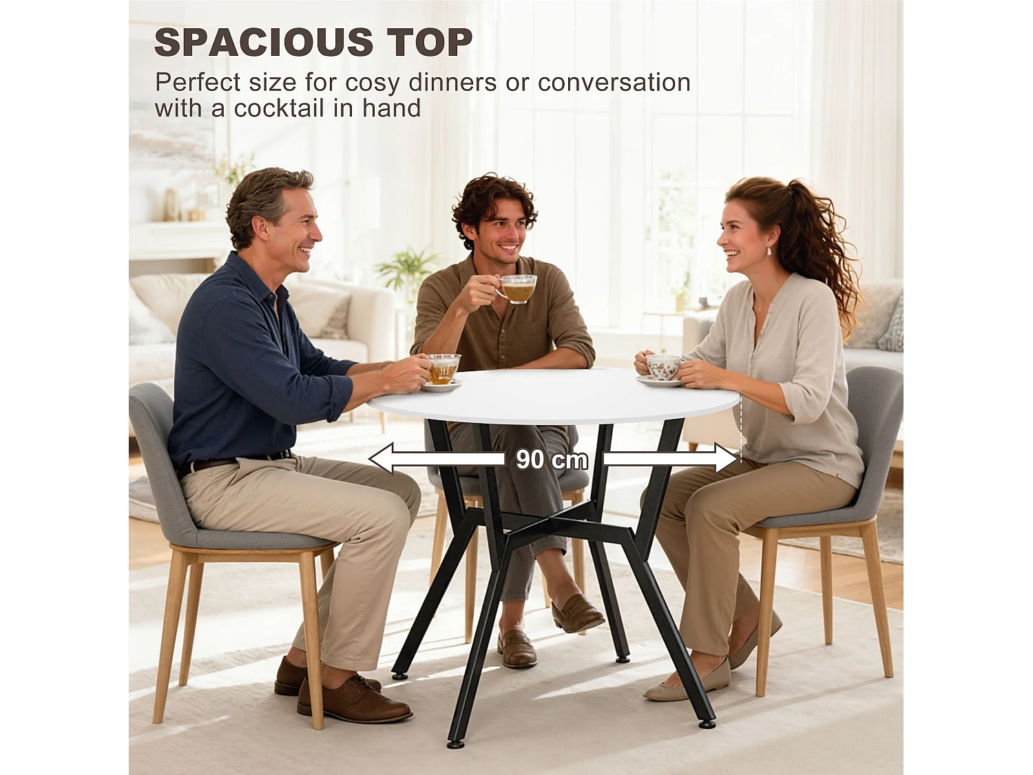 Terretti 90cm Round High Gloss White Dining Table Black Metal Legs