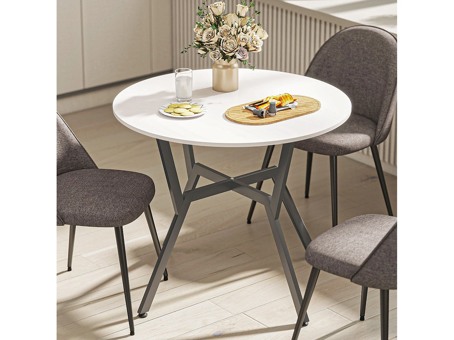 Terretti 90cm Round High Gloss White Dining Table Black Metal Legs