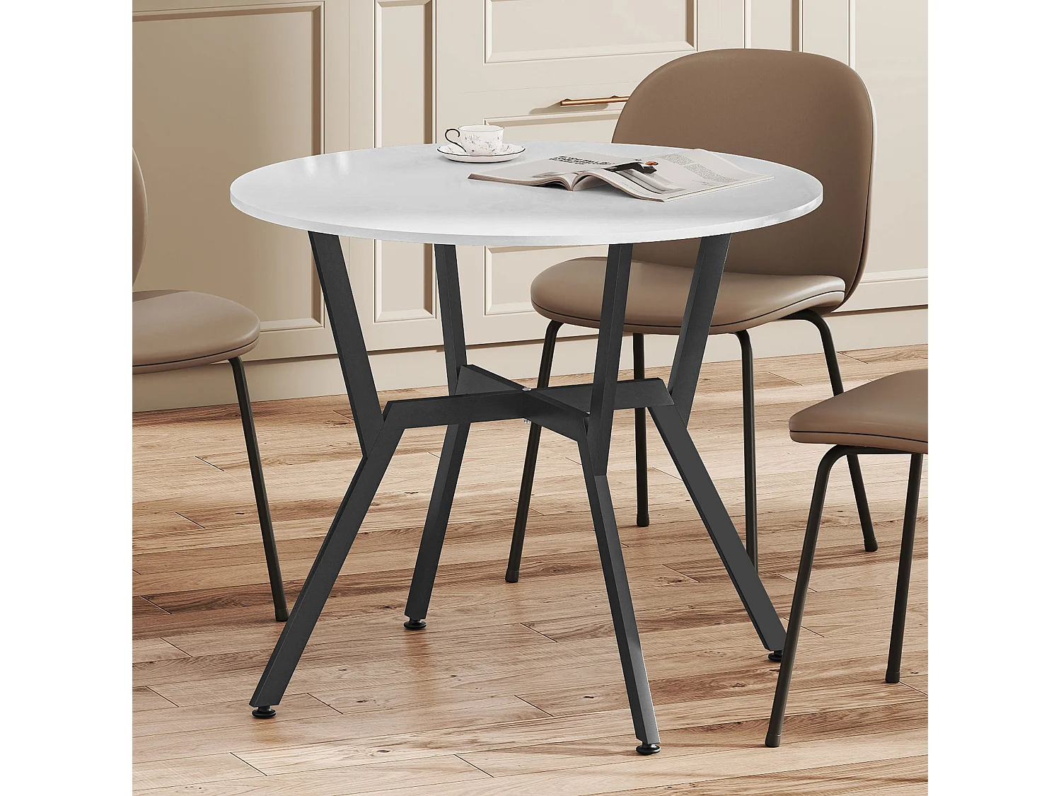 Terretti 90cm Round High Gloss White Dining Table Black Metal Legs