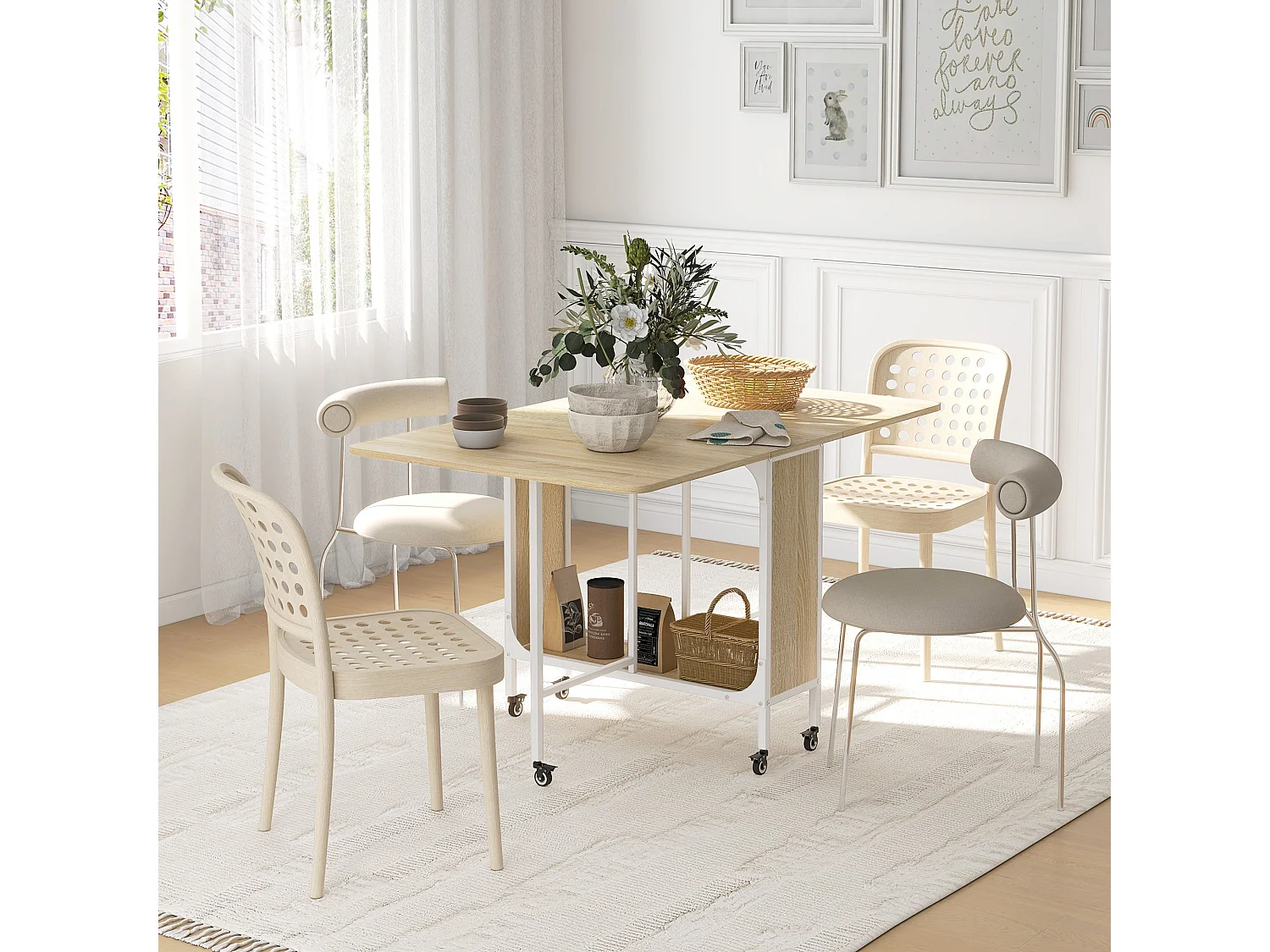 Suni Reta Drop Leaf Dining Table Natural Wood and White Seats 6