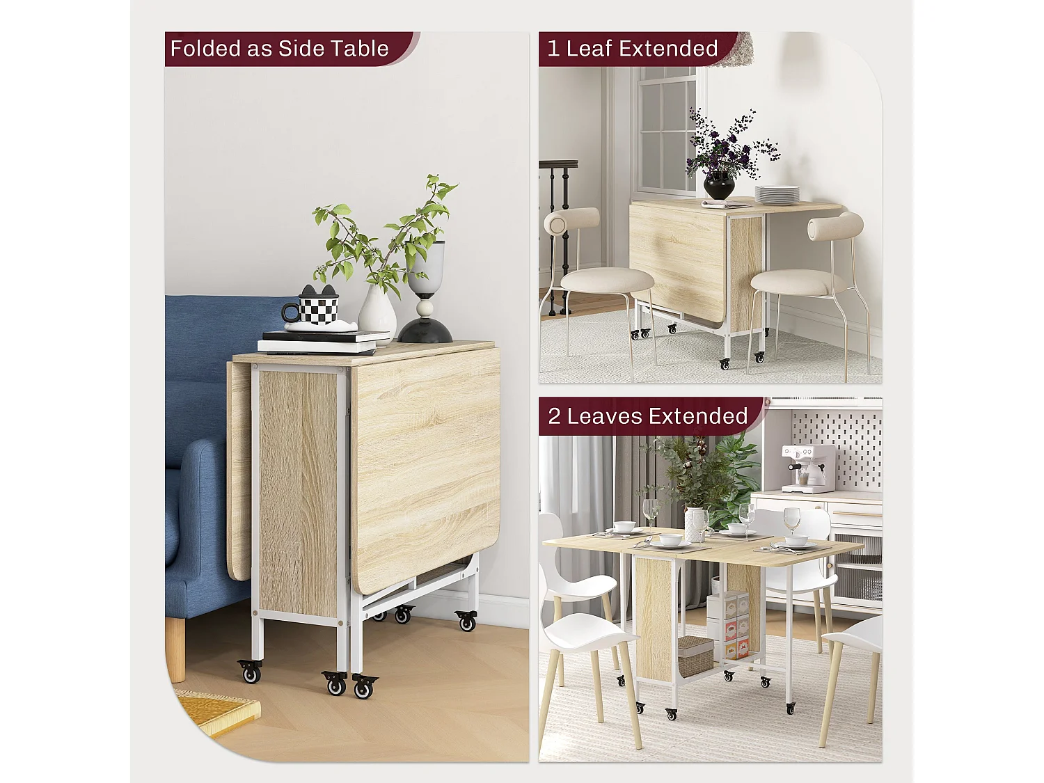 Suni Reta Drop Leaf Dining Table Natural Wood and White Seats 6