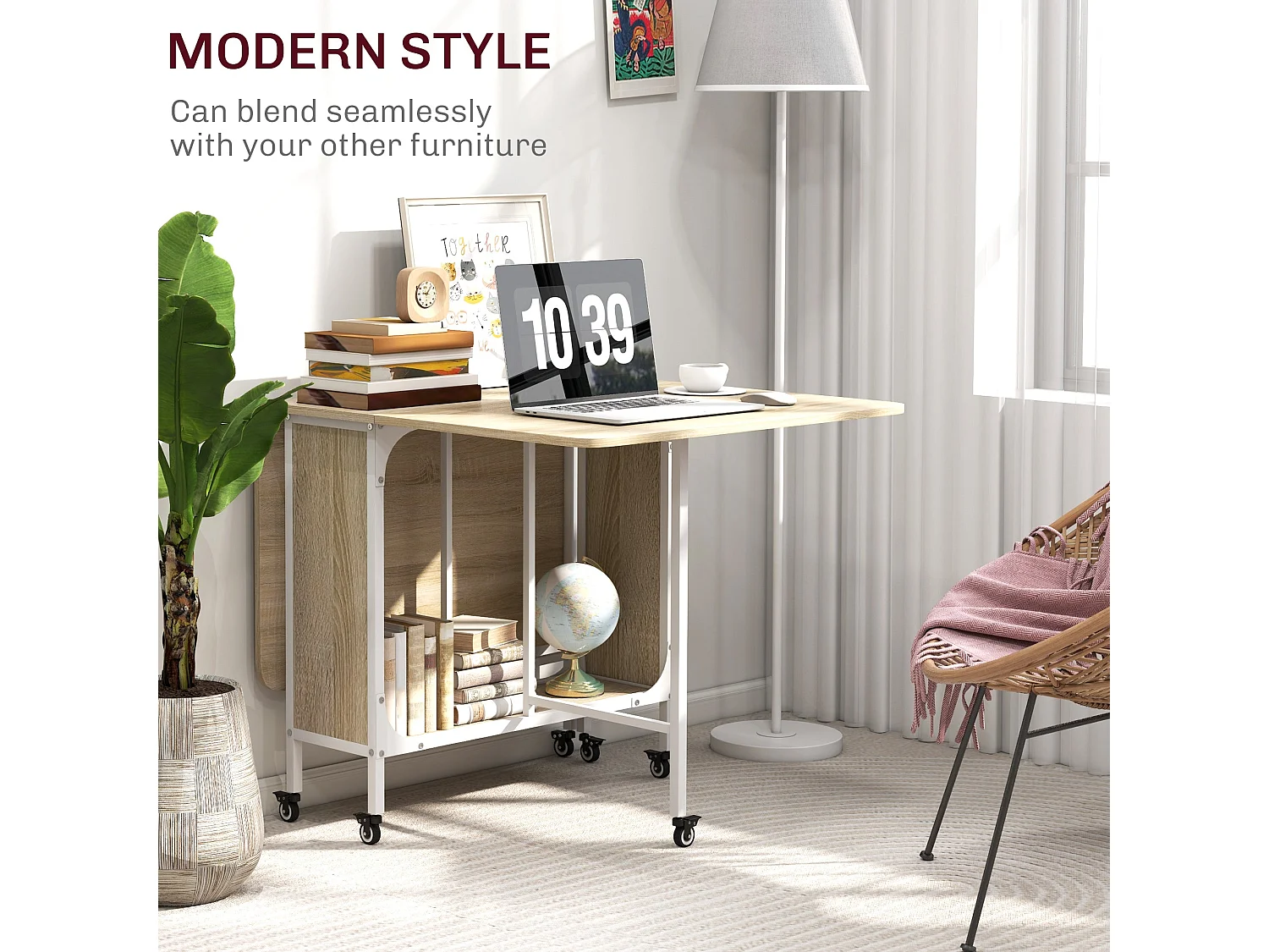 Suni Reta Drop Leaf Dining Table Natural Wood and White Seats 6