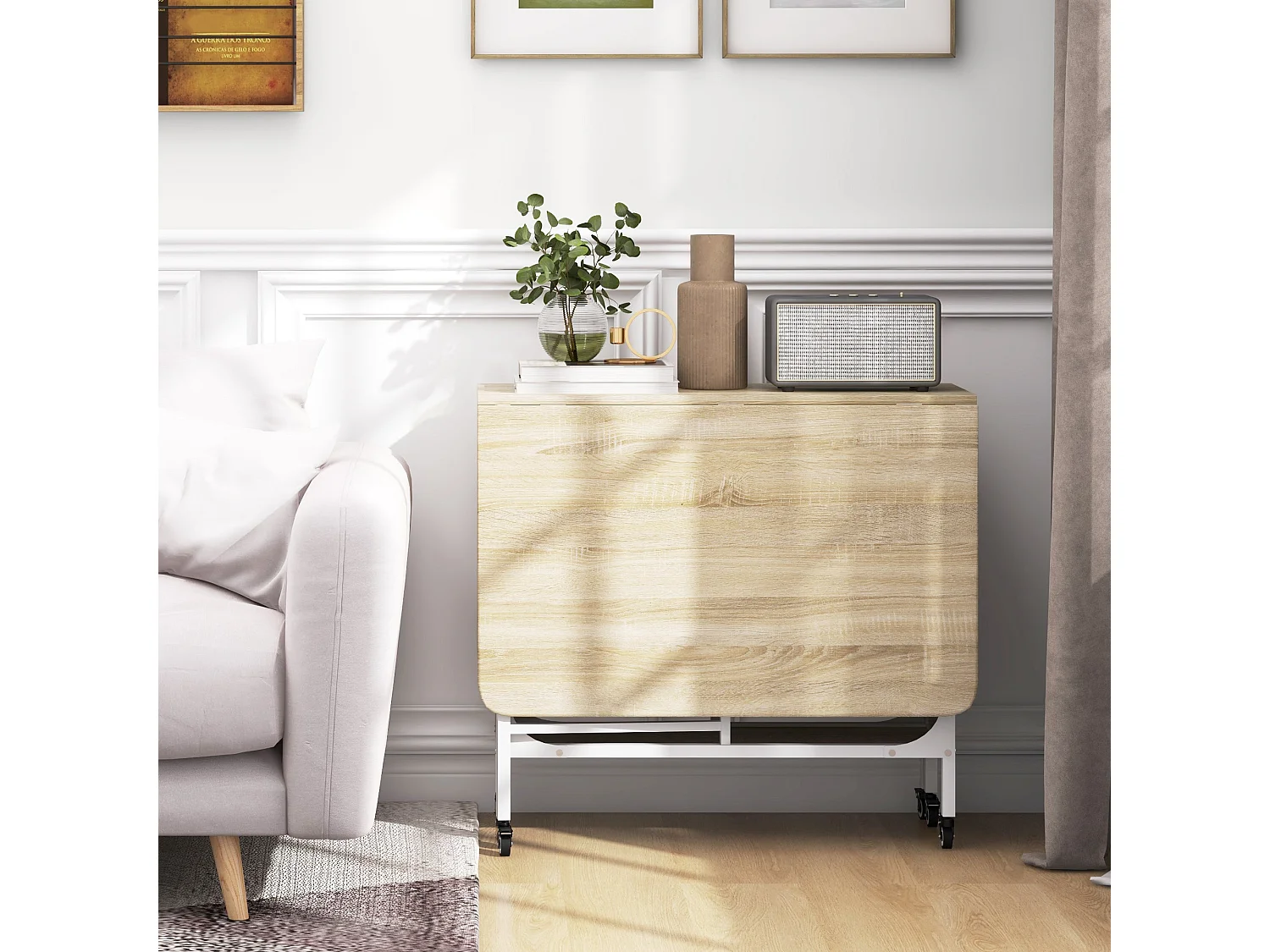 Suni Reta Drop Leaf Dining Table Natural Wood and White Seats 6