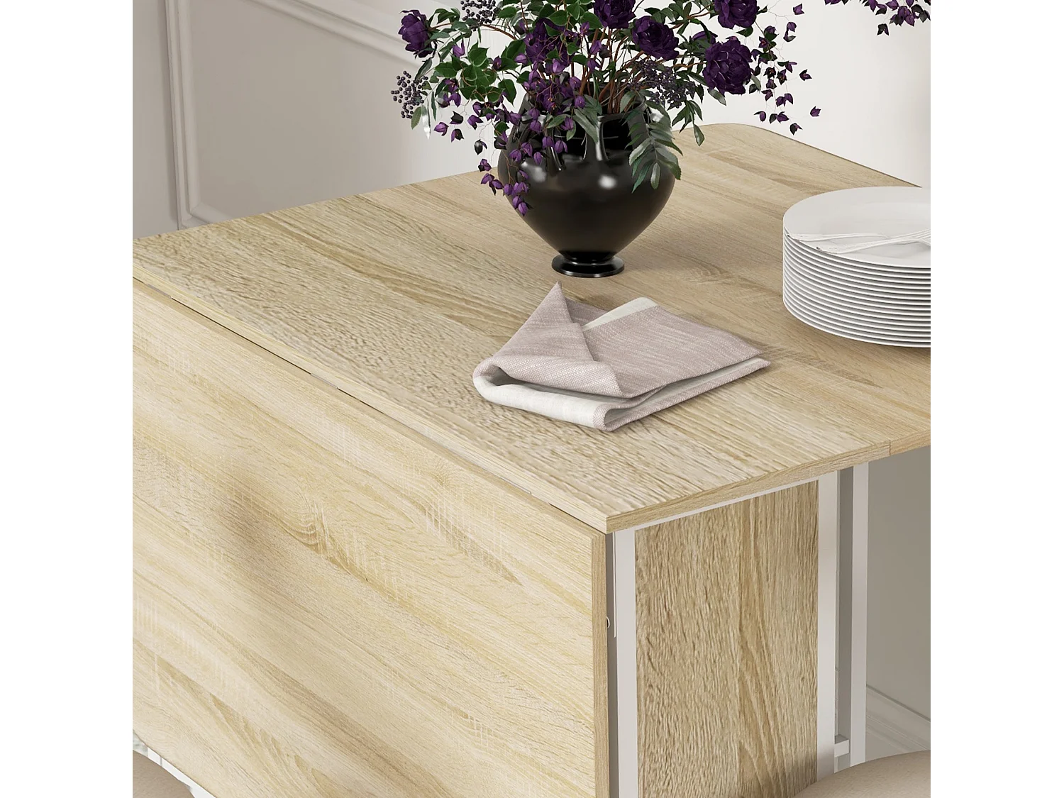 Suni Reta Drop Leaf Dining Table Natural Wood and White Seats 6