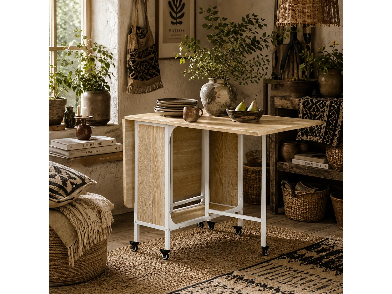 Suni Reta Drop Leaf Dining Table Natural Wood and White Seats 6