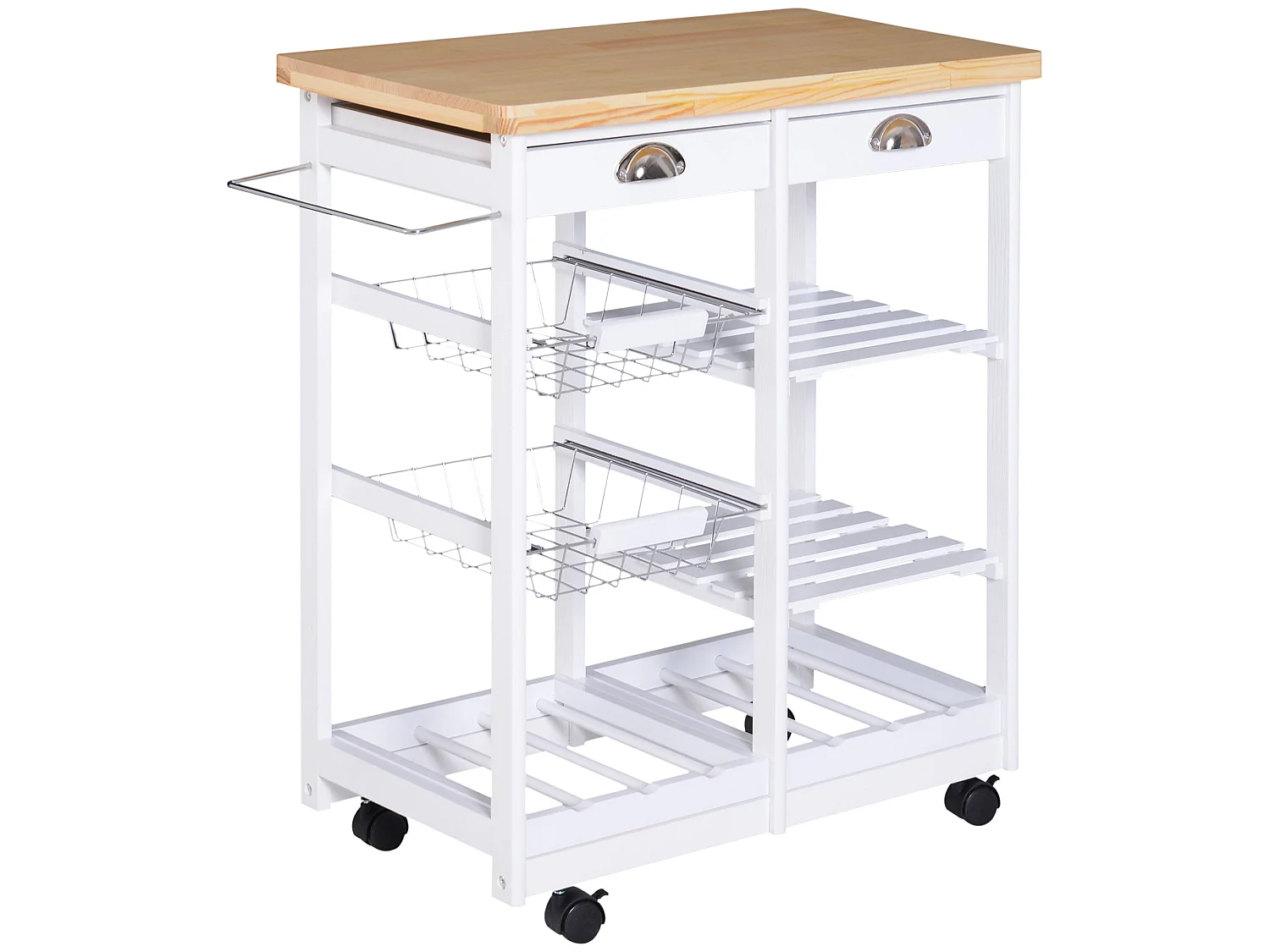 Lelifa White Rolling Kitchen Island with Pine Top Drawers Shelves Baskets and Wine Rack