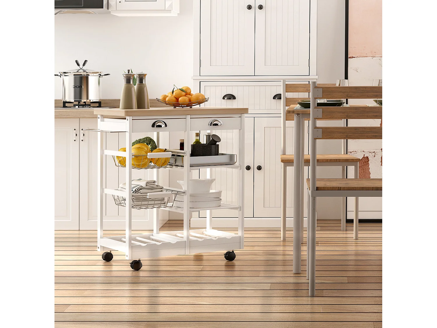 Lelifa White Rolling Kitchen Island with Pine Top Drawers Shelves Baskets and Wine Rack