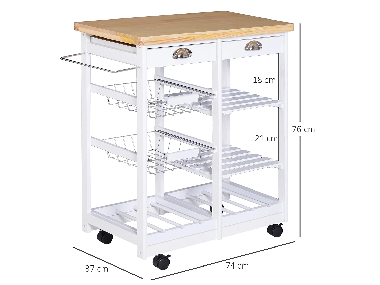Lelifa White Rolling Kitchen Island with Pine Top Drawers Shelves Baskets and Wine Rack