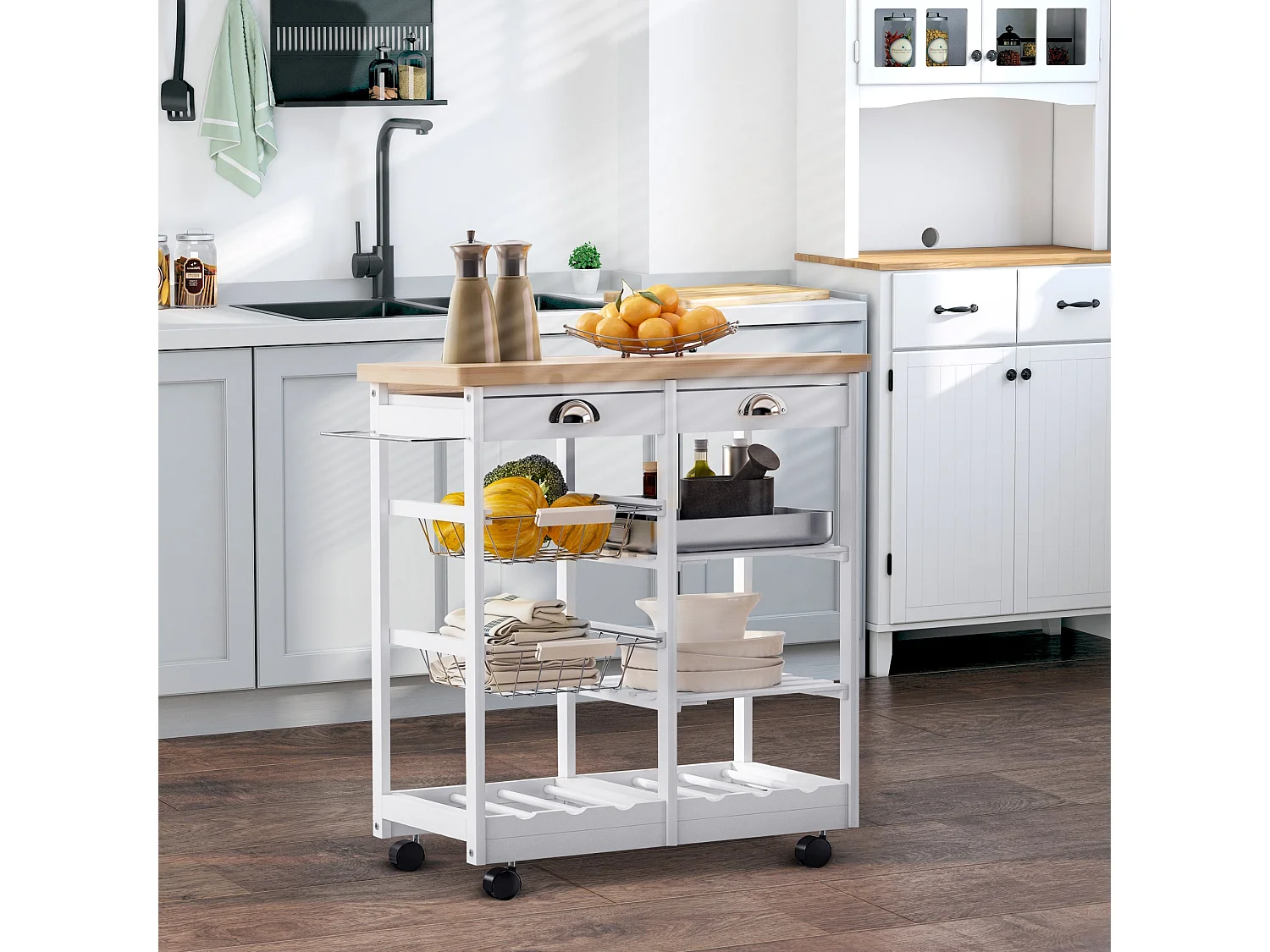 Lelifa White Rolling Kitchen Island with Pine Top Drawers Shelves Baskets and Wine Rack