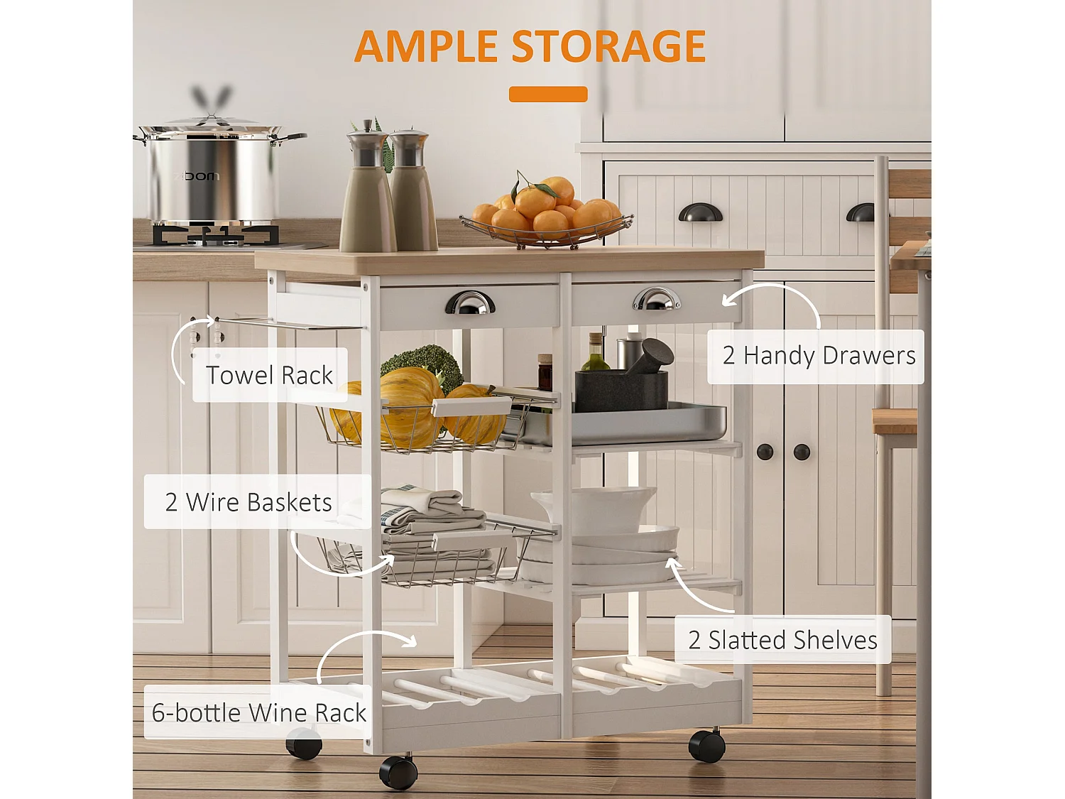 Lelifa White Rolling Kitchen Island with Pine Top Drawers Shelves Baskets and Wine Rack