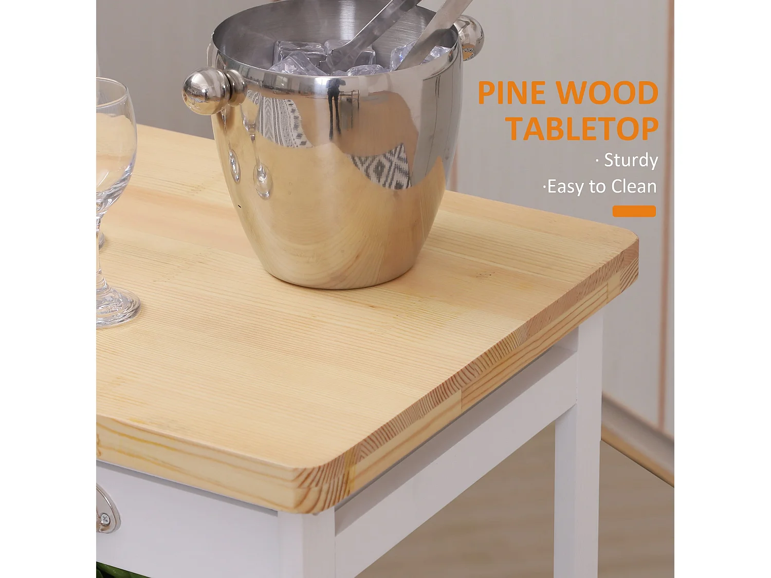 Lelifa White Rolling Kitchen Island with Pine Top Drawers Shelves Baskets and Wine Rack