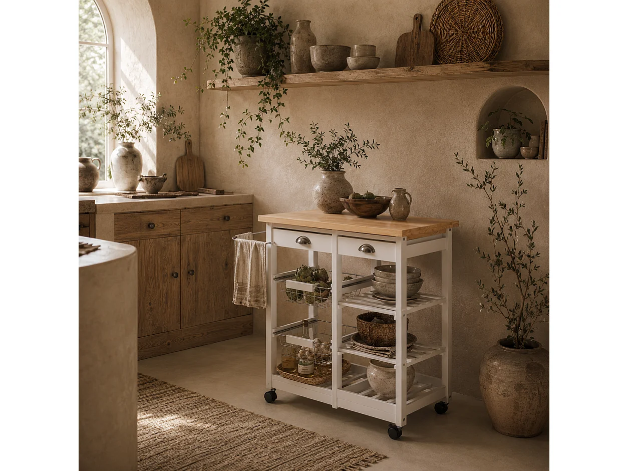 Lelifa White Rolling Kitchen Island with Pine Top Drawers Shelves Baskets and Wine Rack