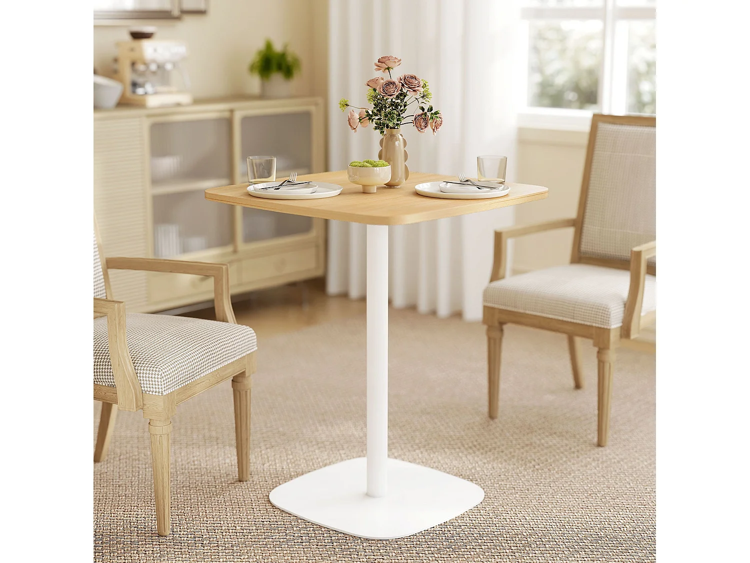 Levadi 60cm Square Dining Table Natural Wood Veneer Top White Steel Pedestal