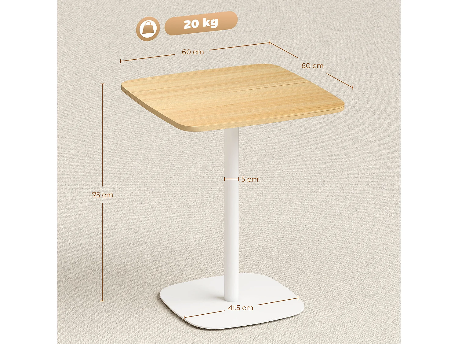Levadi 60cm Square Dining Table Natural Wood Veneer Top White Steel Pedestal