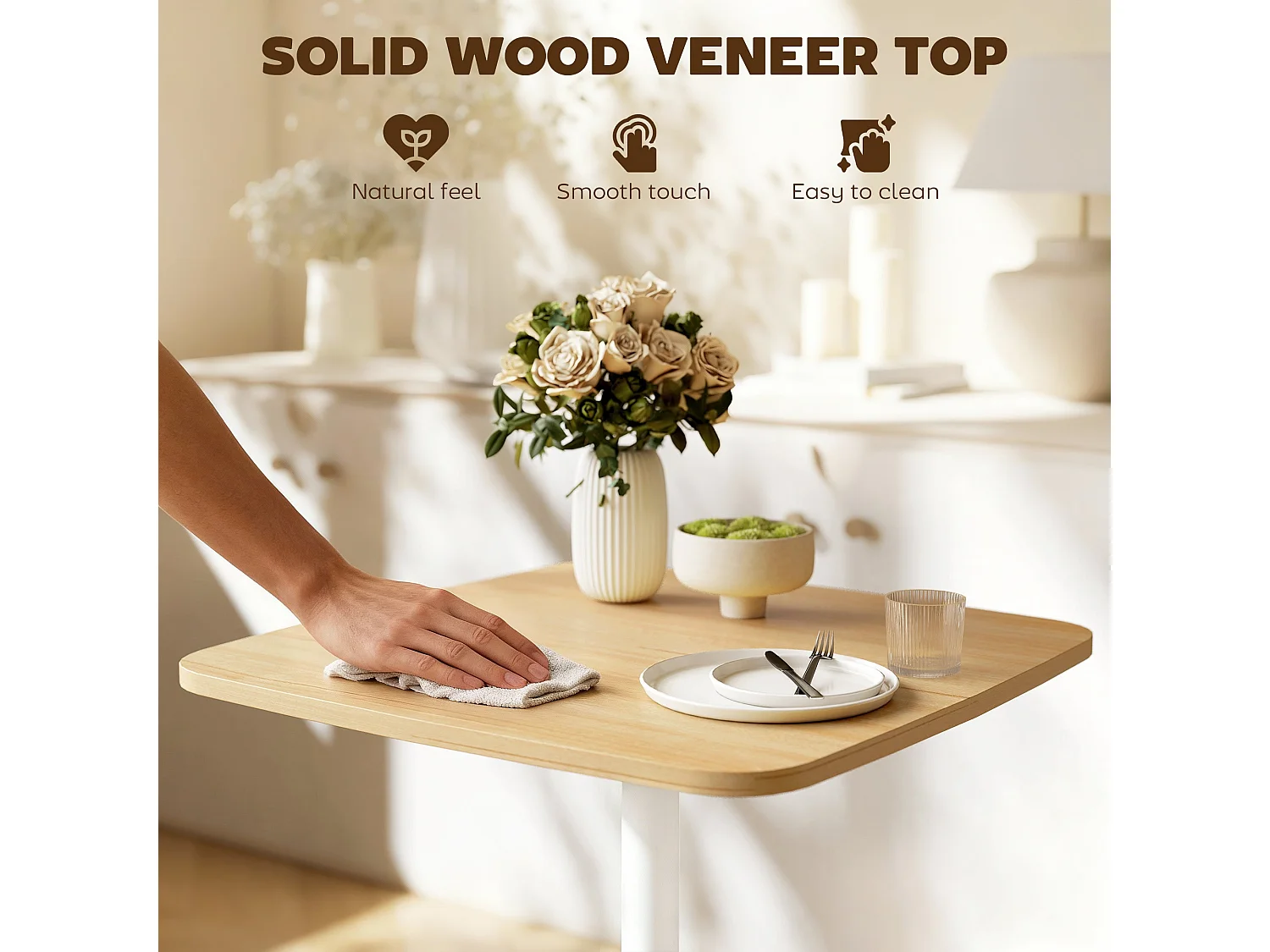 Levadi 60cm Square Dining Table Natural Wood Veneer Top White Steel Pedestal