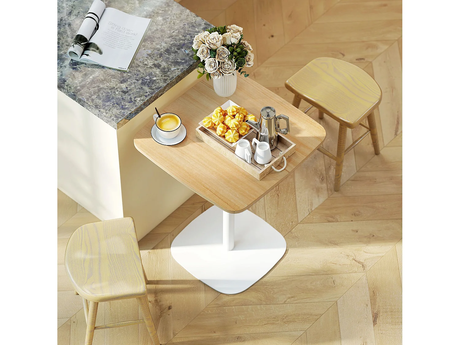 Levadi 60cm Square Dining Table Natural Wood Veneer Top White Steel Pedestal
