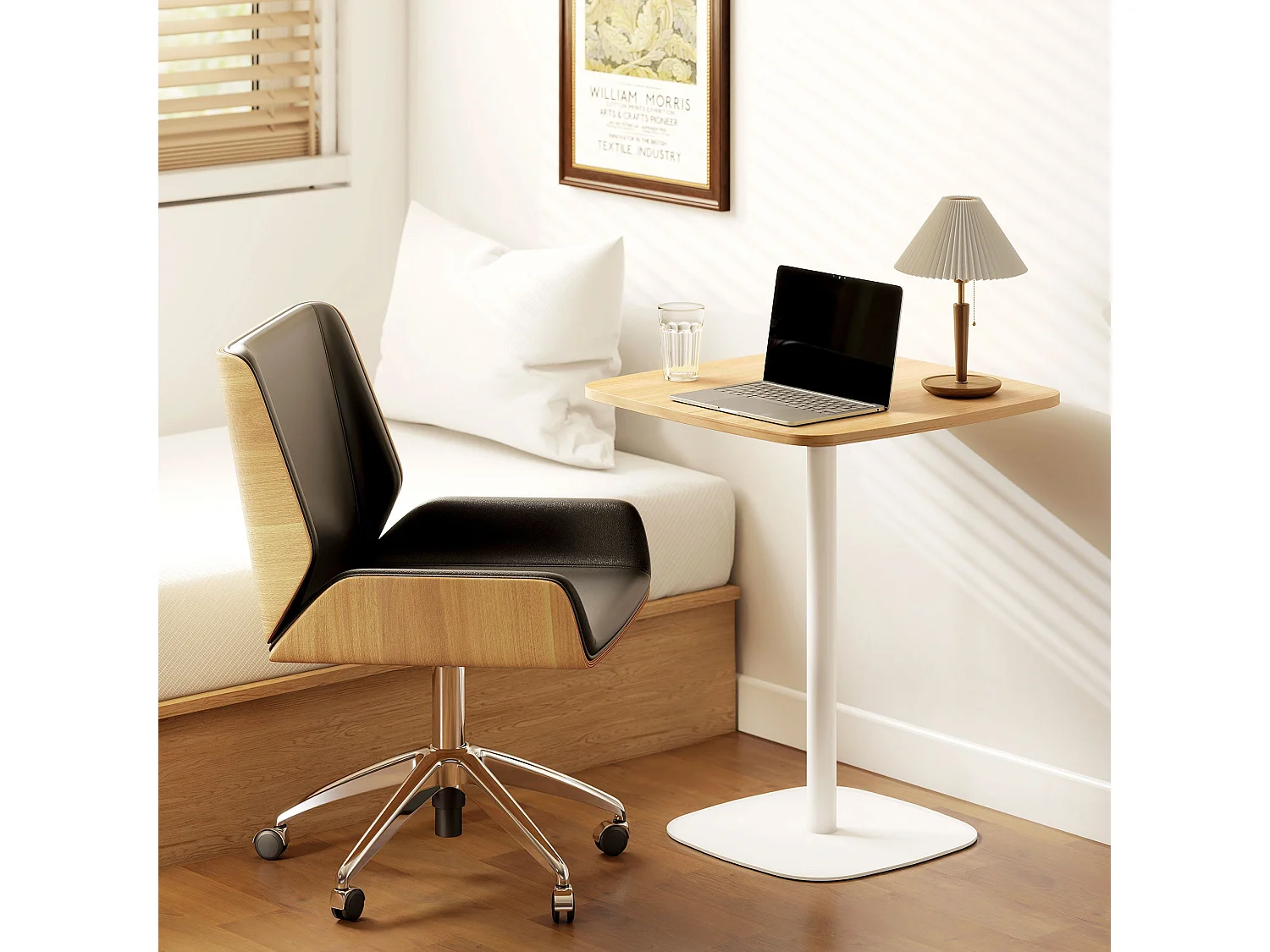 Levadi 60cm Square Dining Table Natural Wood Veneer Top White Steel Pedestal