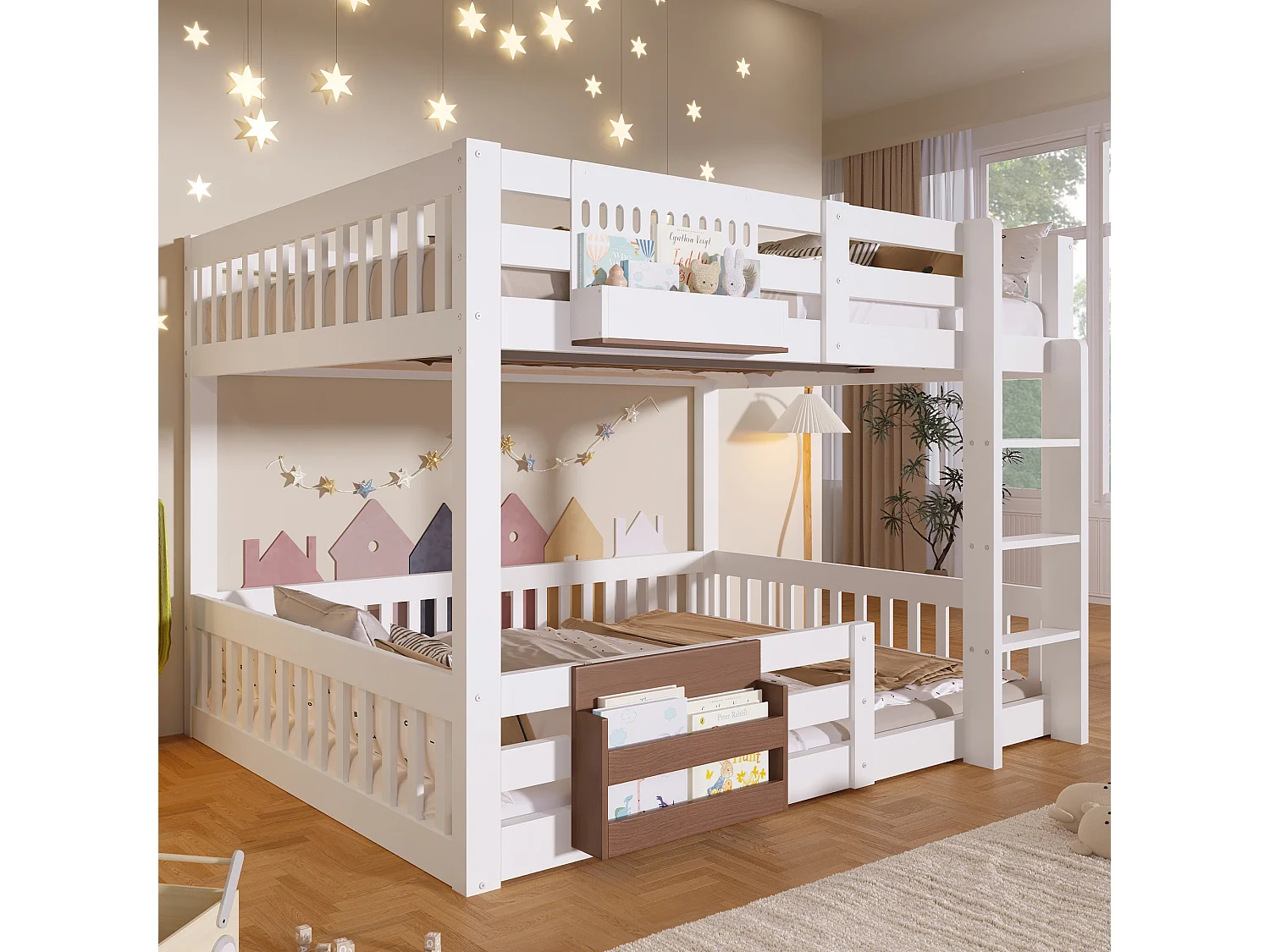 Lit superposé 140x200 cm - avec compartiments de rangement - avec barrières de sécurité - avec échelle - blanc (matelas non inclus)